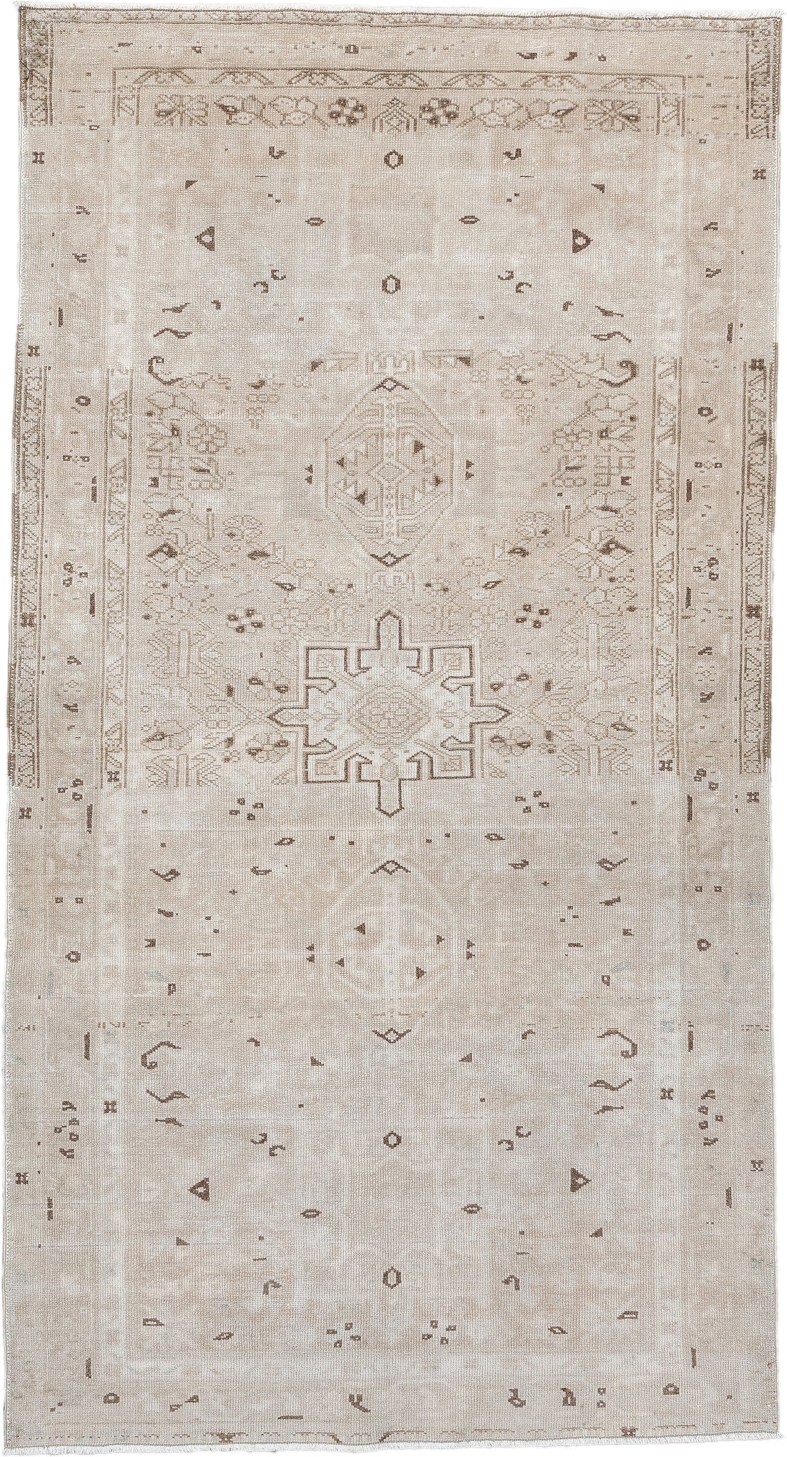 6' x 3' one-of-a-kind handmade vintage Karaje rug. Color palette: ivory, taupe, beige, camel, brown, gray
