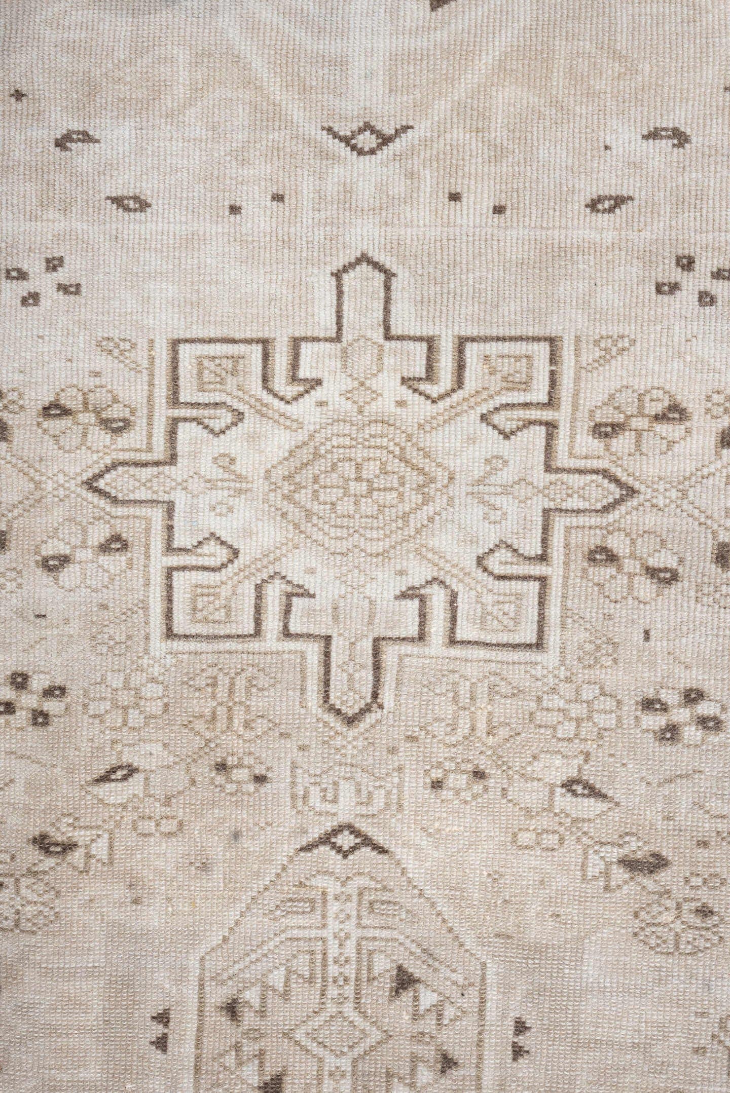 6' x 3' one-of-a-kind handmade vintage Karaje rug. Color palette: ivory, taupe, beige, camel, brown, gray