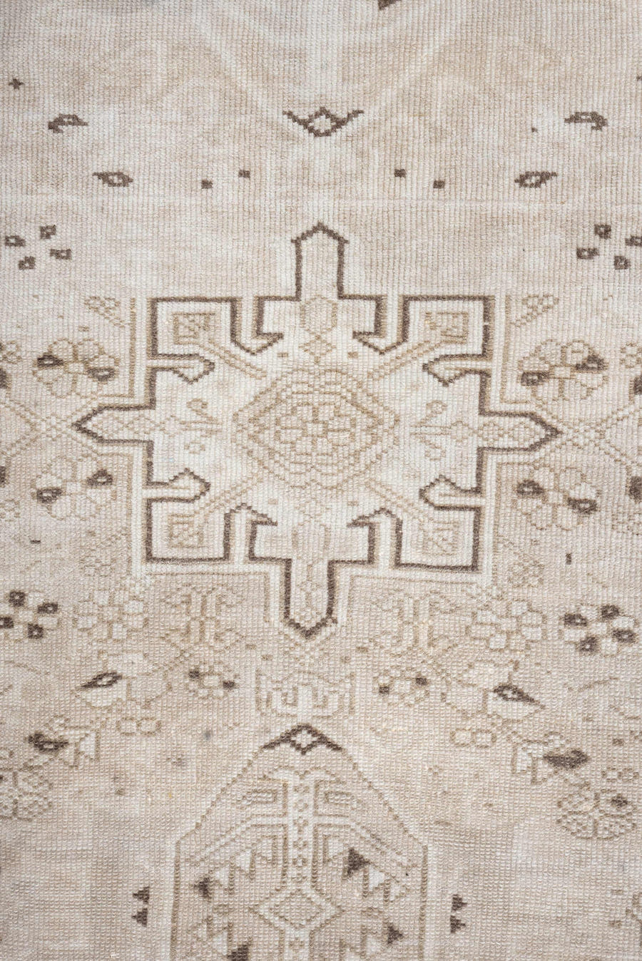 6' x 3' one-of-a-kind handmade vintage Karaje rug. Color palette: ivory, taupe, beige, camel, brown, gray