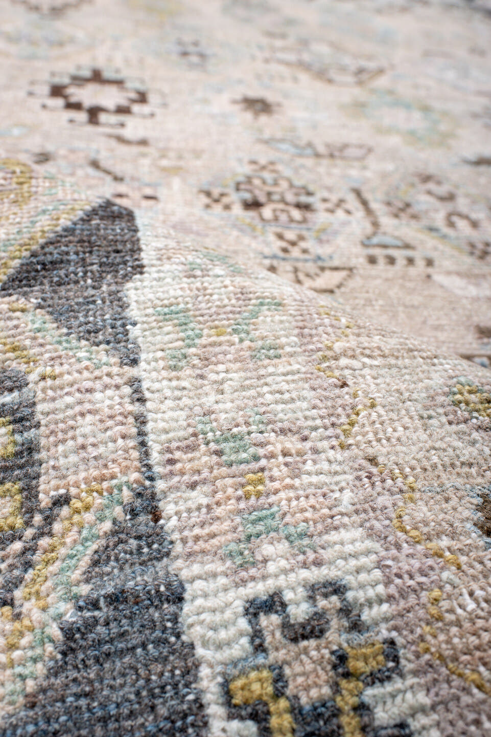 4' x 10' one-of-a-kind handmade antique Hamadan runner rug. Color palette: ivory, pale blue, slate, taupe, camel, charcoal