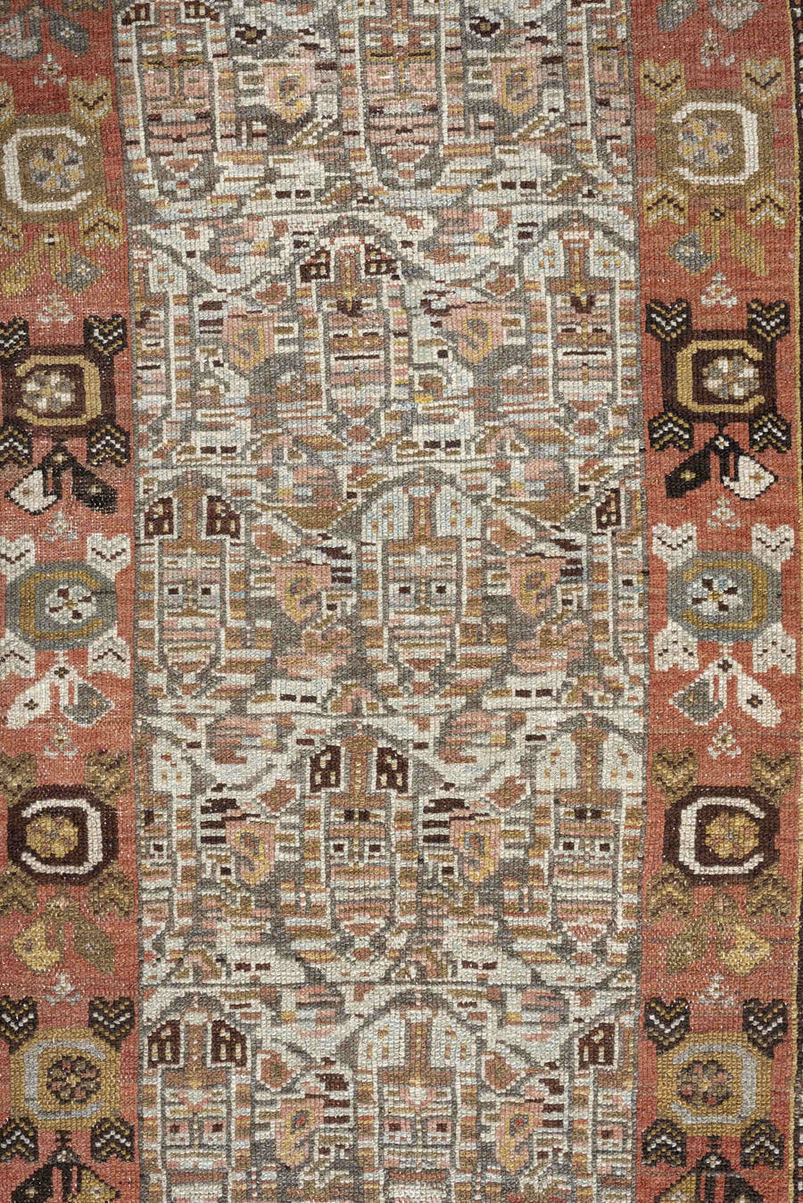 3' x 12' one-of-a-kind handmade antique Malayer runner rug. Color palette: ivory, rust, camel, taupe, brown, rose, charcoal