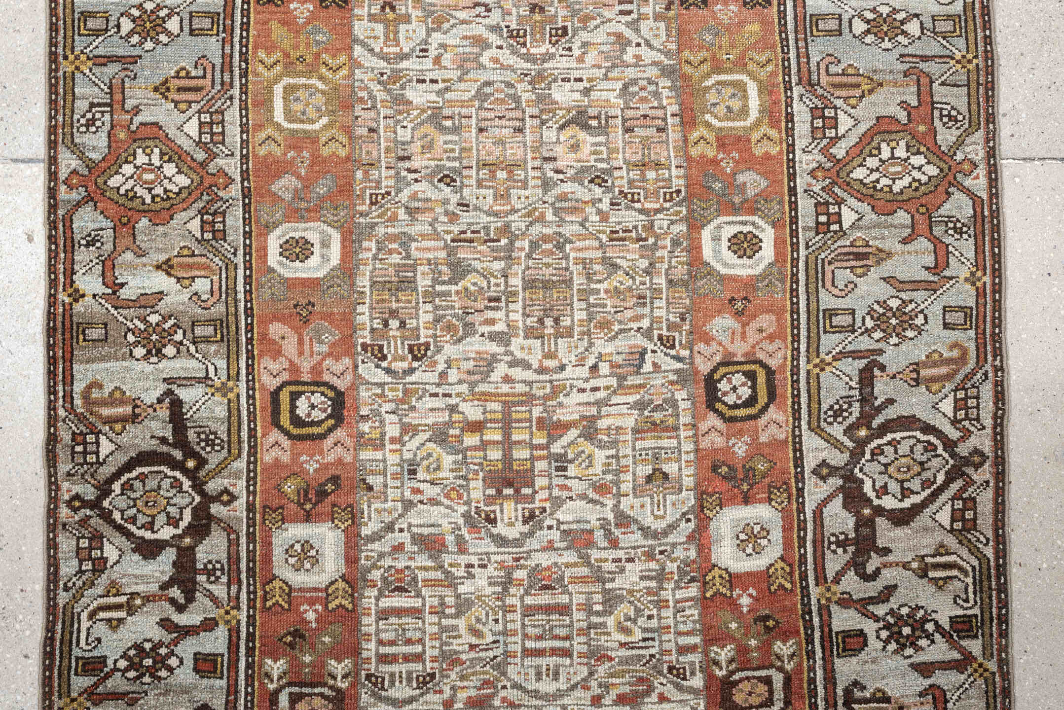 3' x 12' one-of-a-kind handmade antique Malayer runner rug. Color palette: ivory, rust, camel, taupe, brown, rose, charcoal