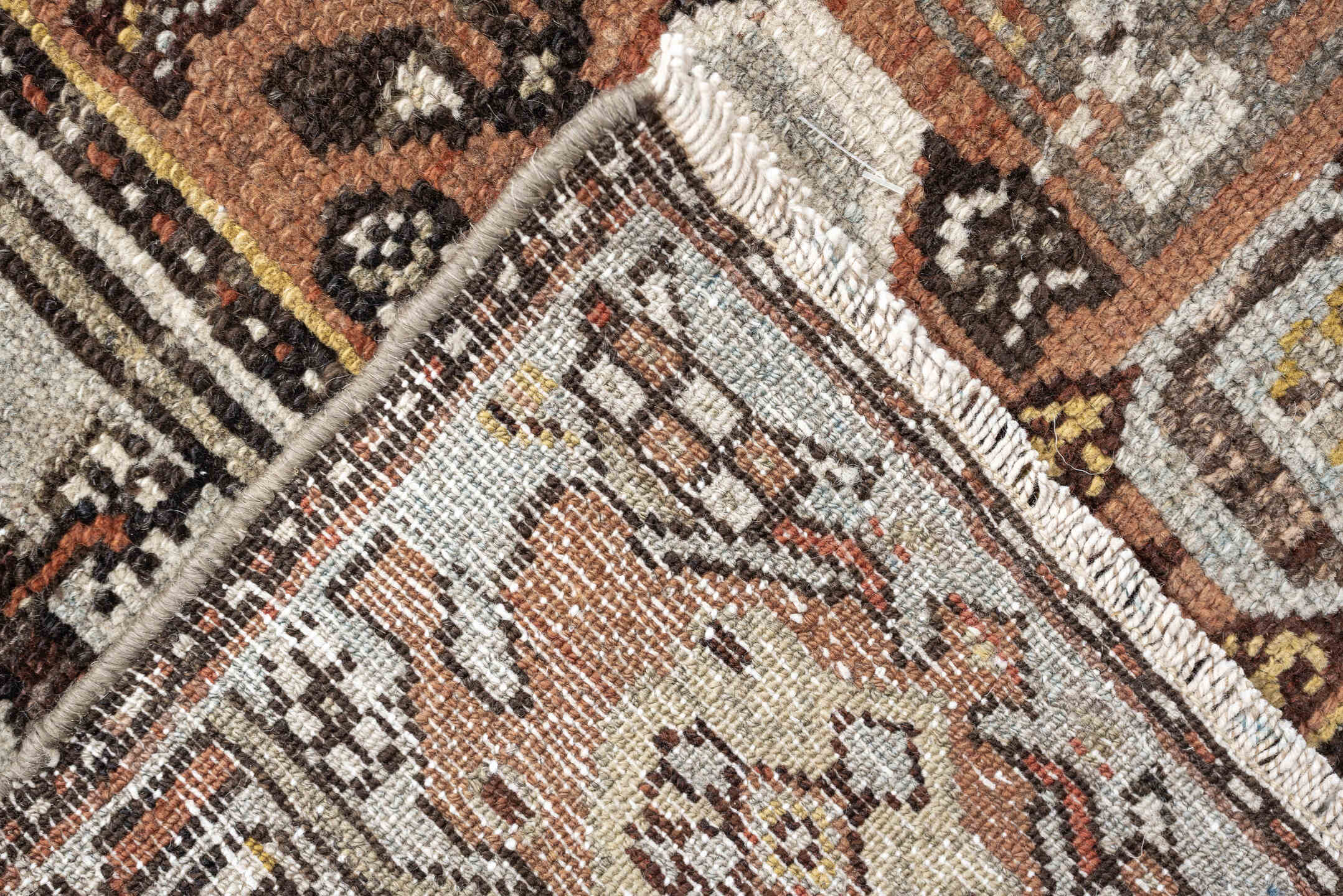 3' x 12' one-of-a-kind handmade antique Malayer runner rug. Color palette: ivory, rust, camel, taupe, brown, rose, charcoal