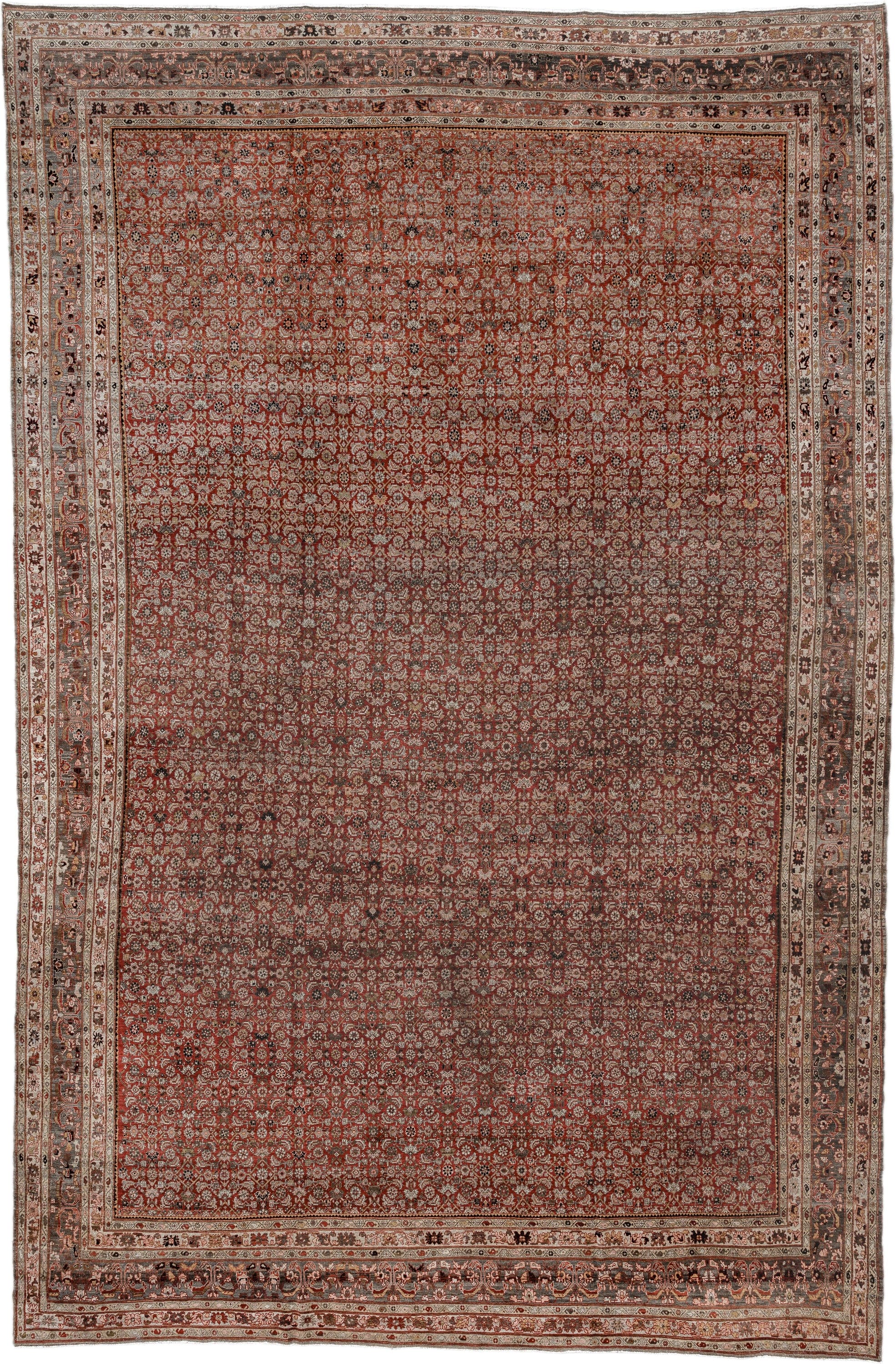 11' x 17' one-of-a-kind handmade antique Bidjar oversize rug. Color palette: rust, ivory, charcoal, slate, rose, taupe