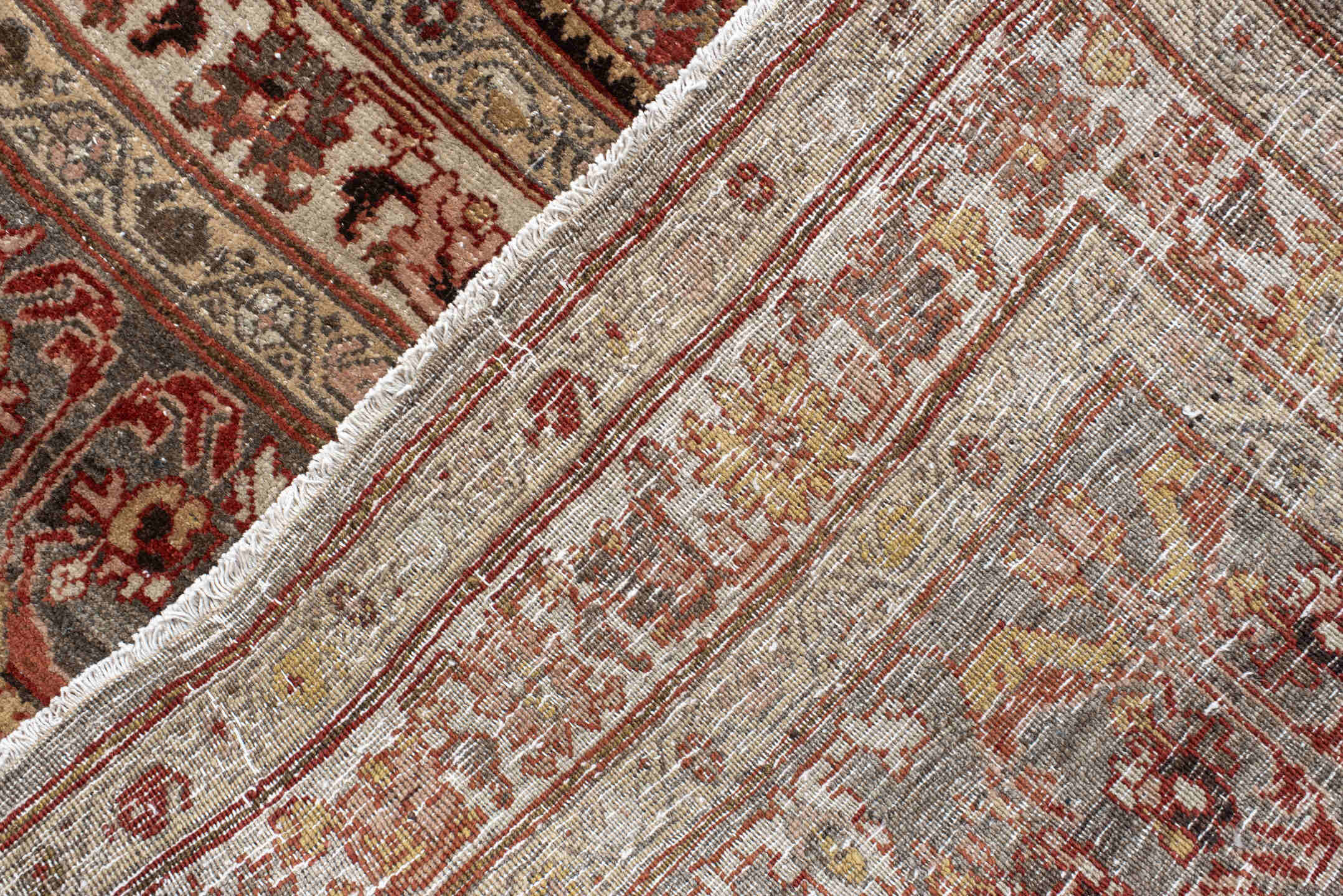 11' x 17' one-of-a-kind handmade antique Bidjar oversize rug. Color palette: rust, ivory, charcoal, slate, rose, taupe