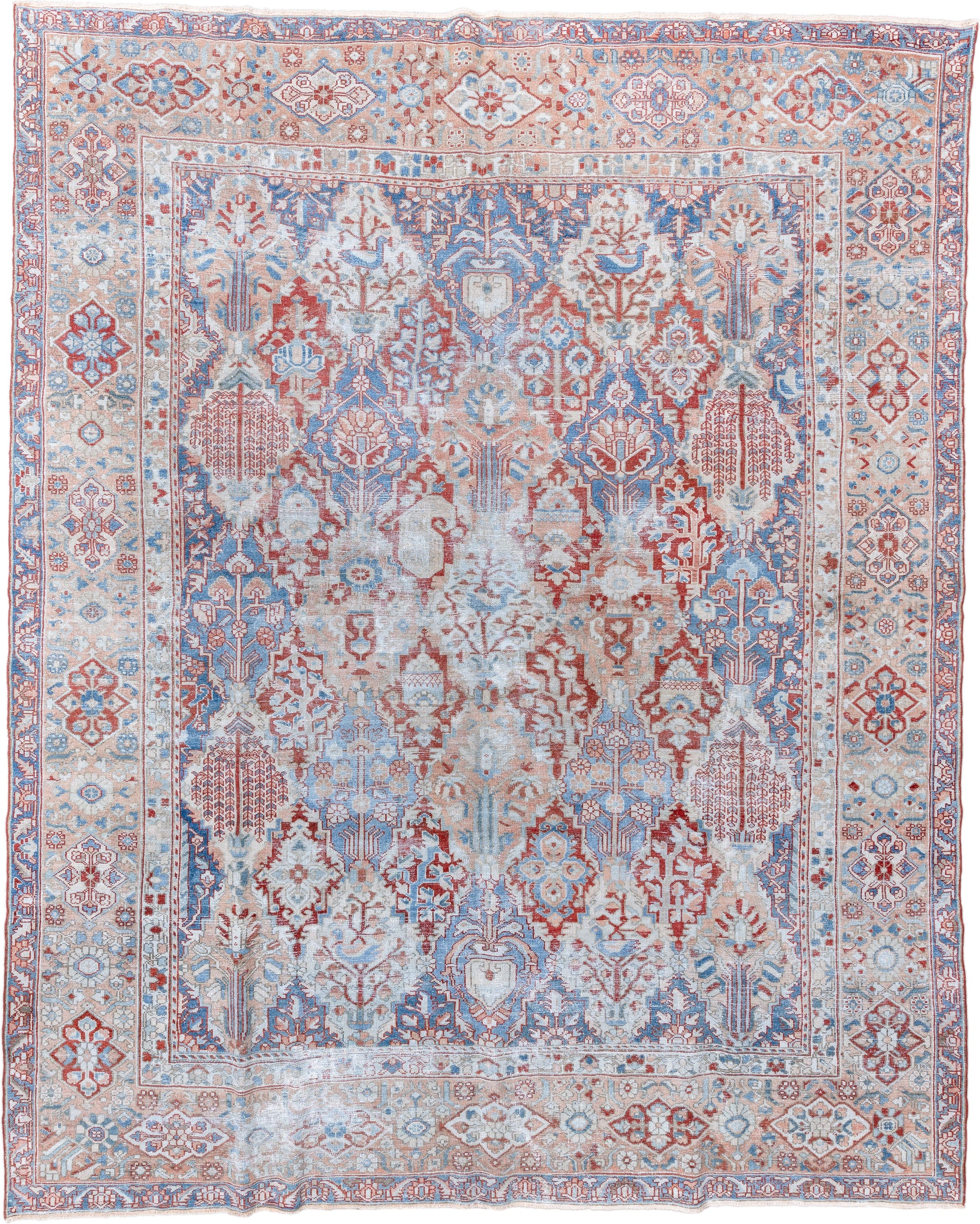 10' x 13' one-of-a-kind handmade vintage Baktiary large size rug. Color palette: ivory, sky blue, rust, coral, powder blue