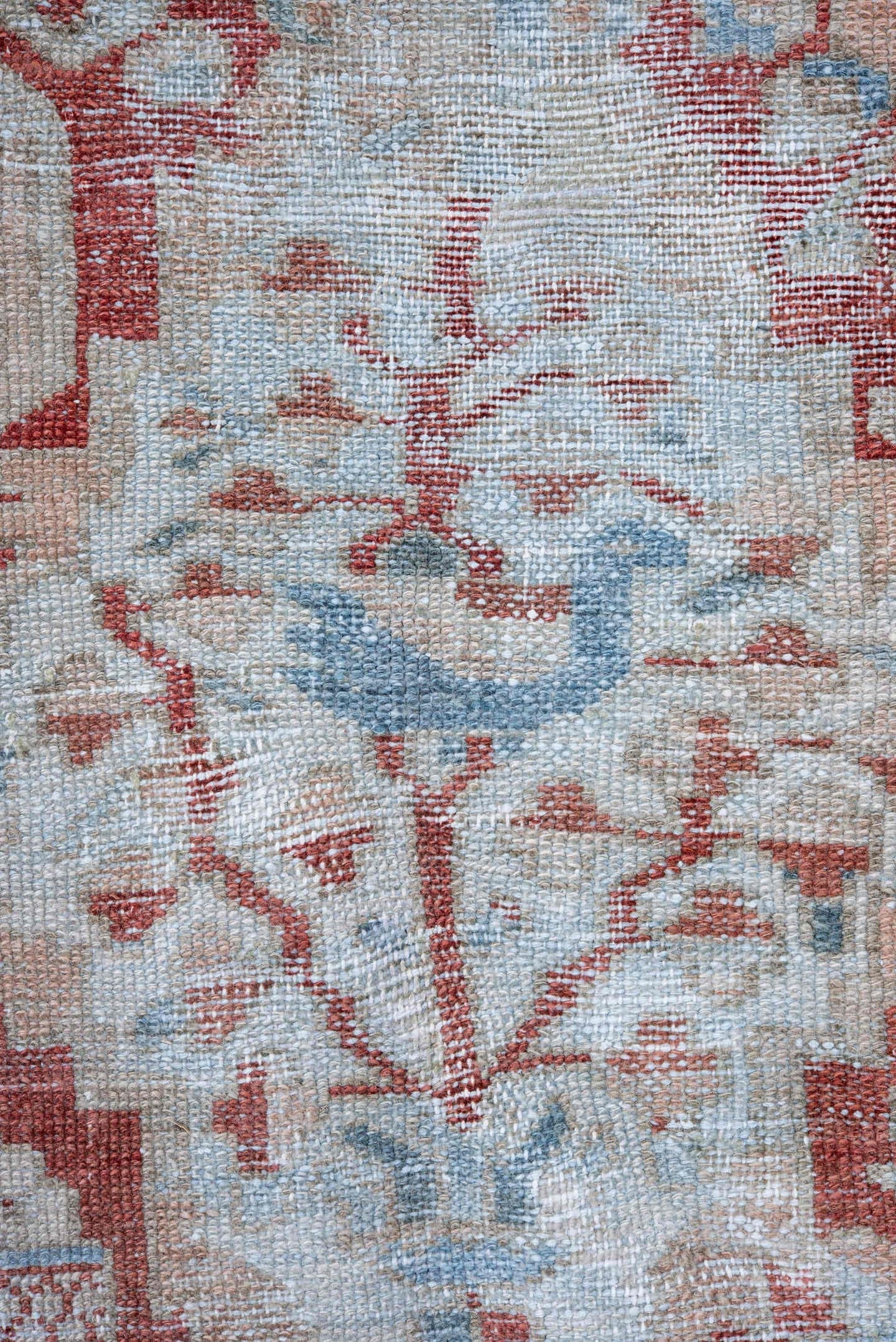 10' x 13' one-of-a-kind handmade vintage Baktiary large size rug. Color palette: ivory, sky blue, rust, coral, powder blue