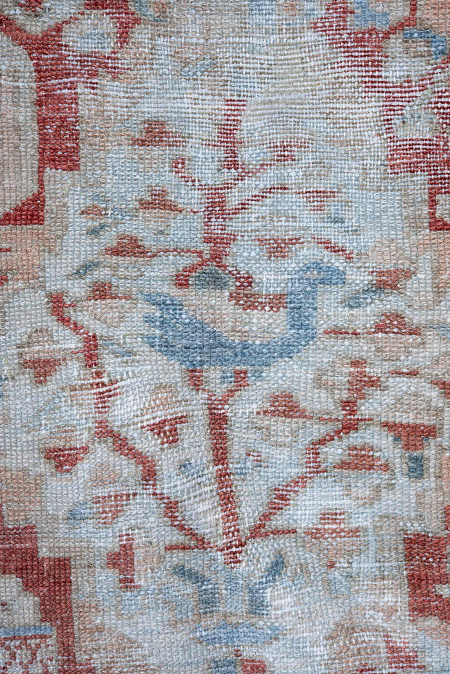 10' x 13' one-of-a-kind handmade vintage Baktiary large size rug. Color palette: ivory, sky blue, rust, coral, powder blue