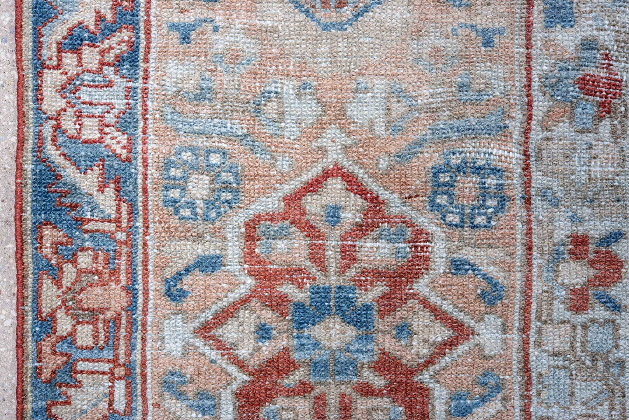 10' x 13' one-of-a-kind handmade vintage Baktiary large size rug. Color palette: ivory, sky blue, rust, coral, powder blue