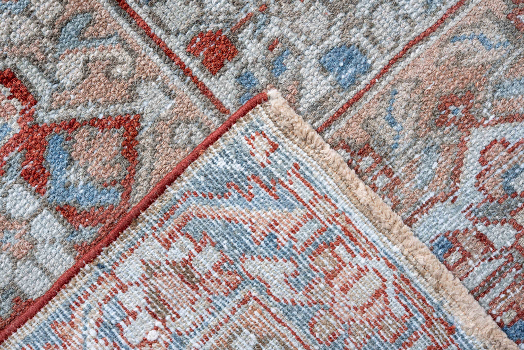 10' x 13' one-of-a-kind handmade vintage Baktiary large size rug. Color palette: ivory, sky blue, rust, coral, powder blue