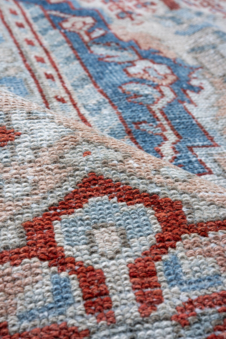 10' x 13' one-of-a-kind handmade vintage Baktiary large size rug. Color palette: ivory, sky blue, rust, coral, powder blue