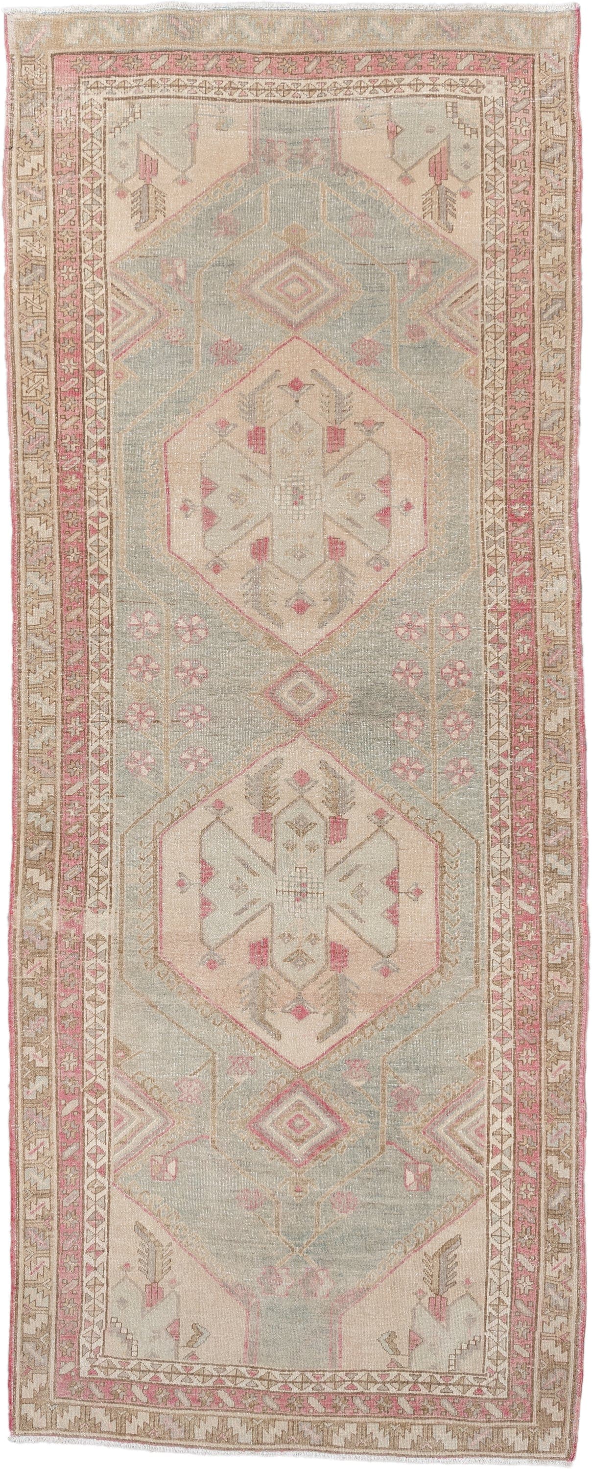 3' x 9' one-of-a-kind handmade antique Sarab runner rug. Color palette: blue gray, ivory, rose, taupe, camel, sage, gray