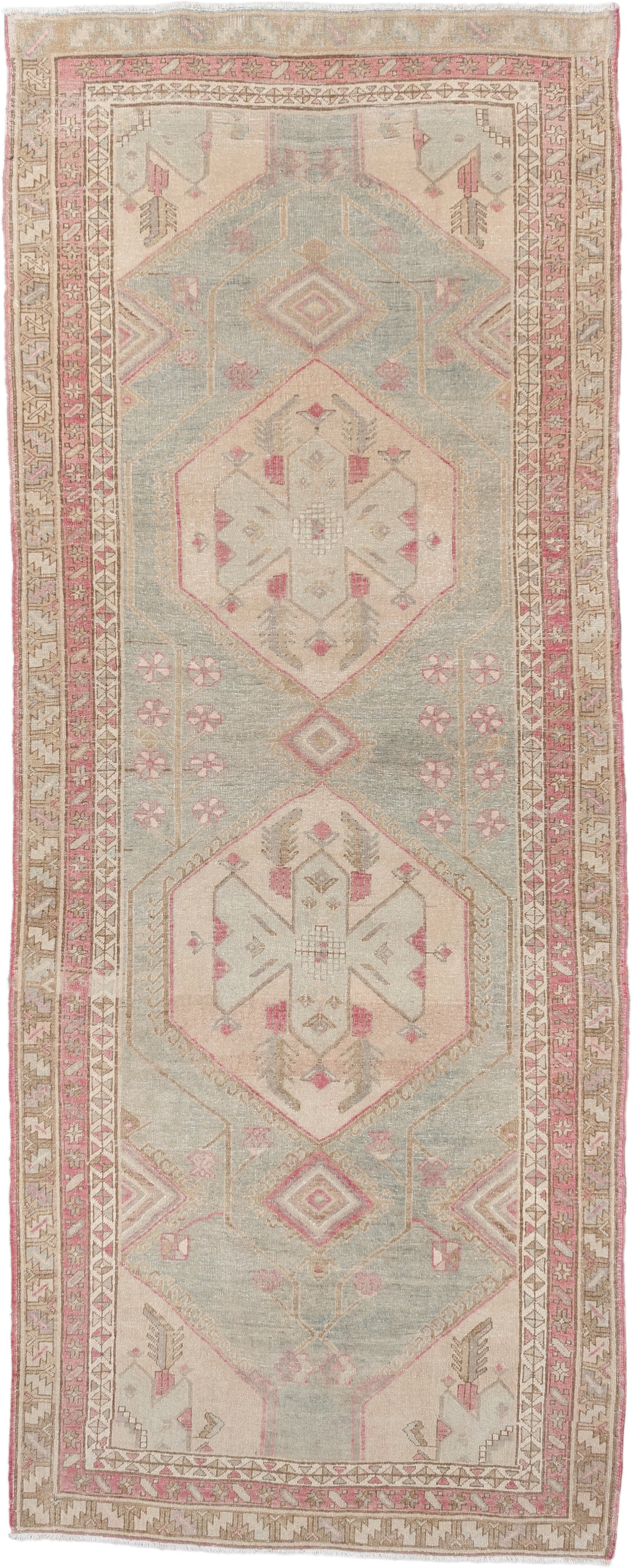 3' x 9' one-of-a-kind handmade antique Sarab runner rug. Color palette: blue gray, ivory, rose, taupe, camel, sage, gray