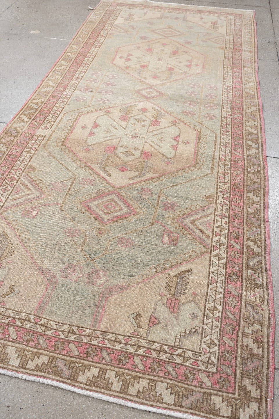 3' x 9' one-of-a-kind handmade antique Sarab runner rug. Color palette: blue gray, ivory, rose, taupe, camel, sage, gray