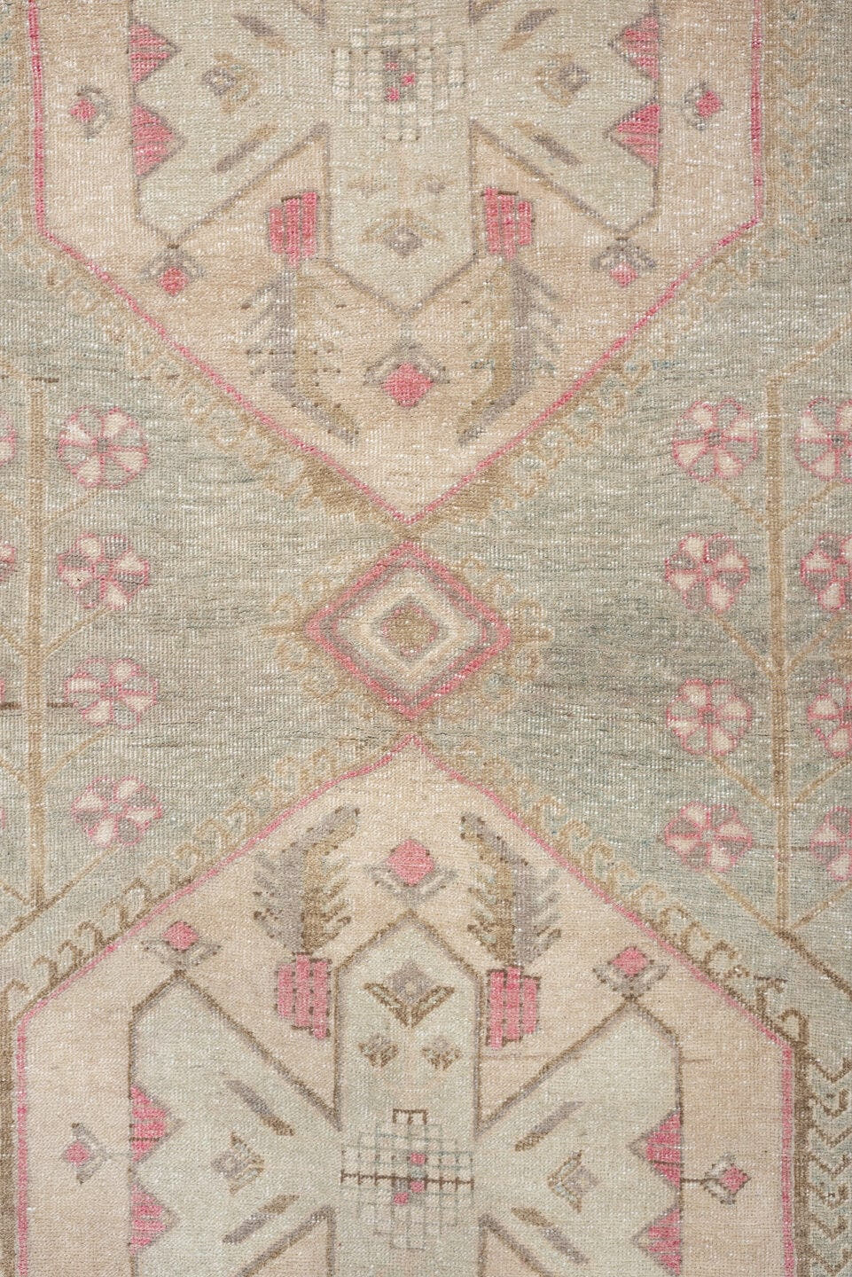 3' x 9' one-of-a-kind handmade antique Sarab runner rug. Color palette: blue gray, ivory, rose, taupe, camel, sage, gray