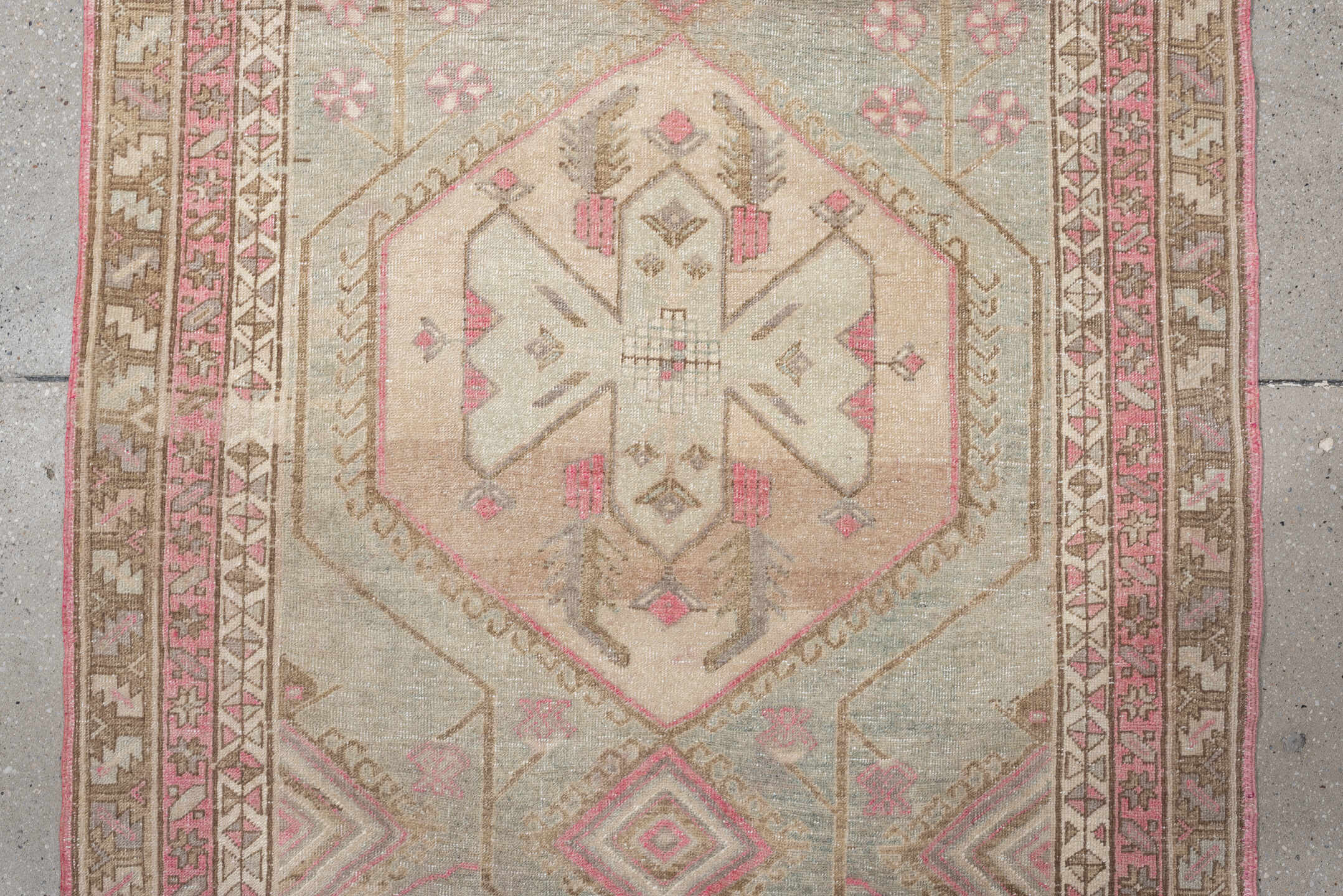 3' x 9' one-of-a-kind handmade antique Sarab runner rug. Color palette: blue gray, ivory, rose, taupe, camel, sage, gray