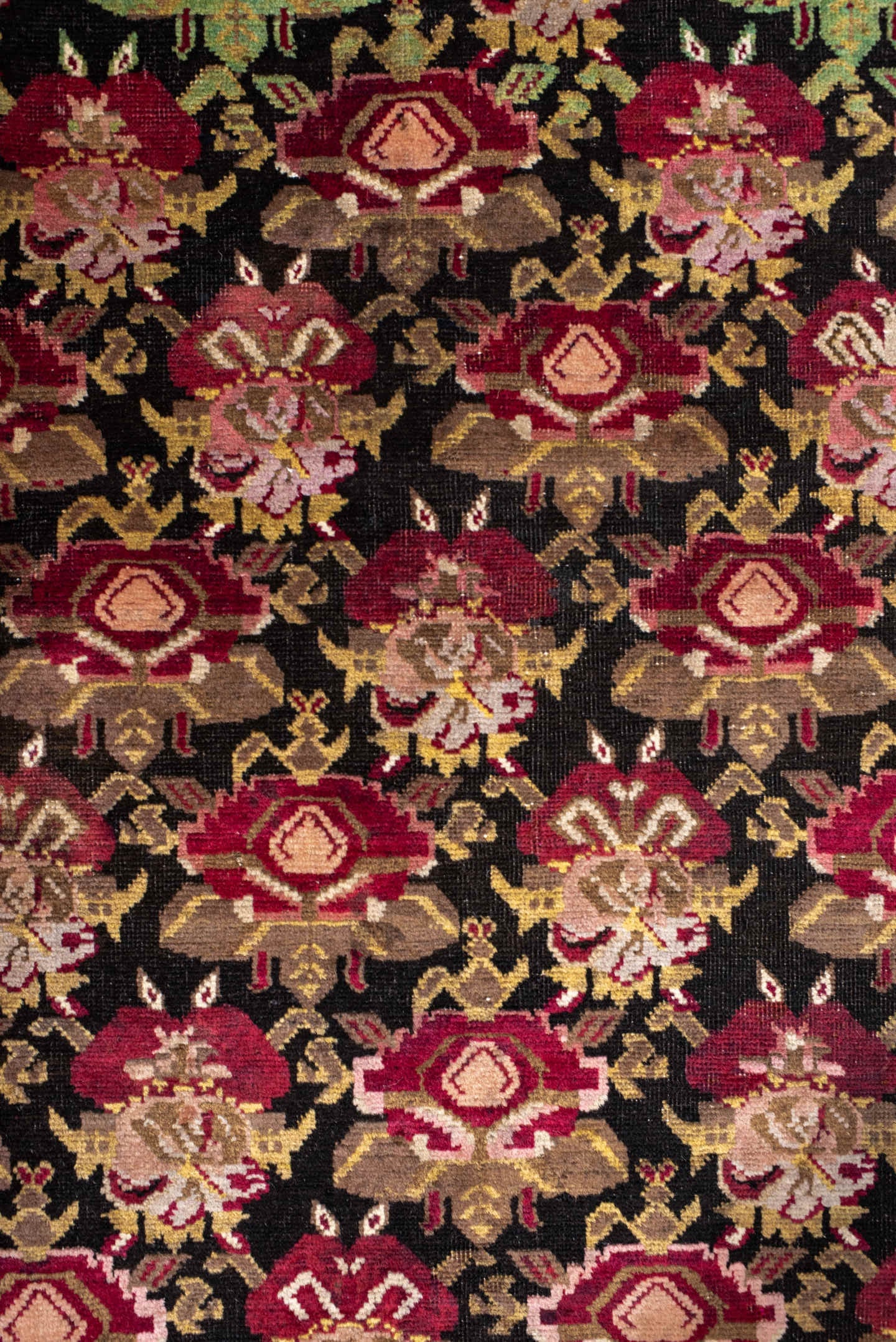 3' x 19' one-of-a-kind handmade antique Karabagh runner rug. Color palette: burgundy, ivory, black, olive, rose, gold, taupe