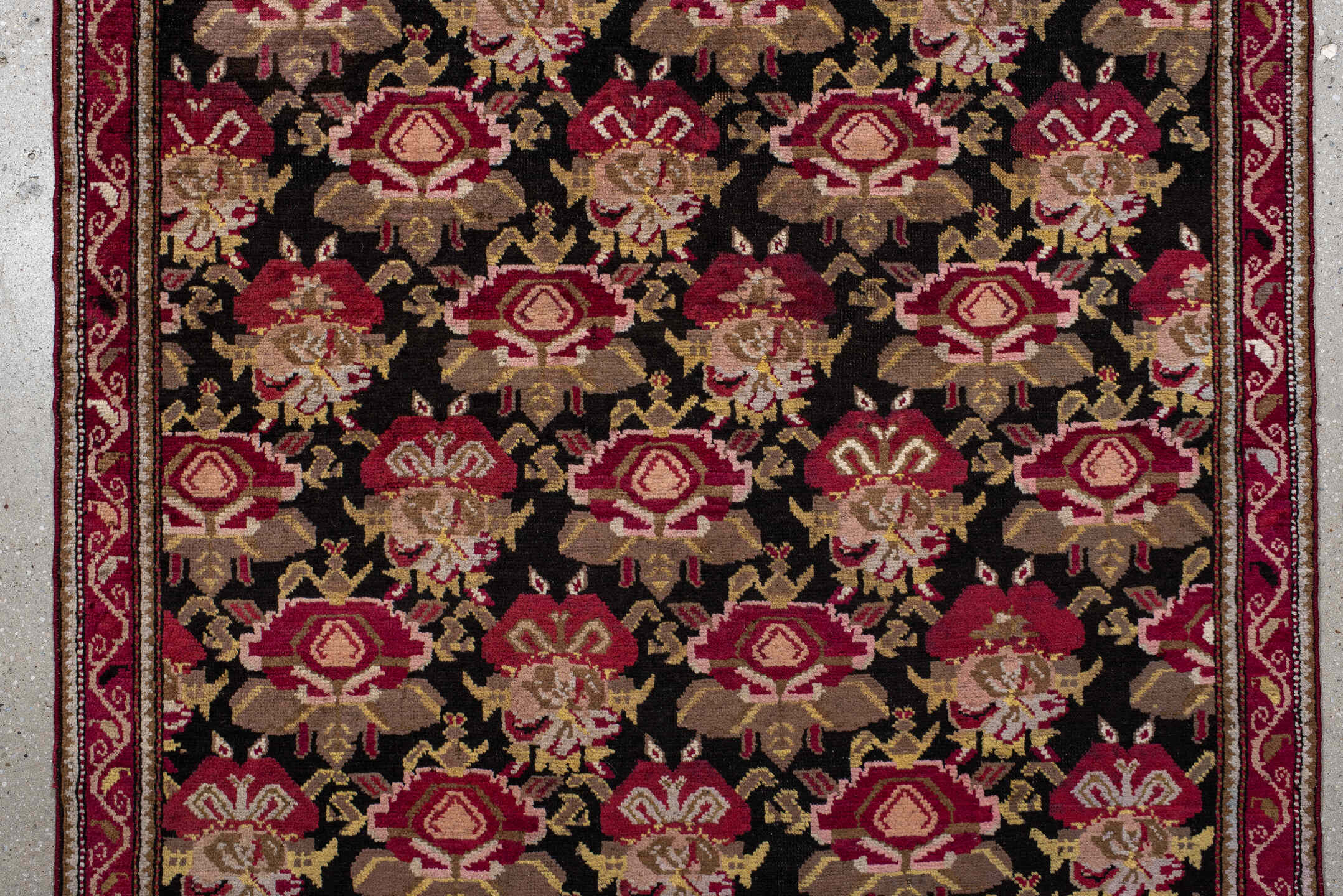 3' x 19' one-of-a-kind handmade antique Karabagh runner rug. Color palette: burgundy, ivory, black, olive, rose, gold, taupe