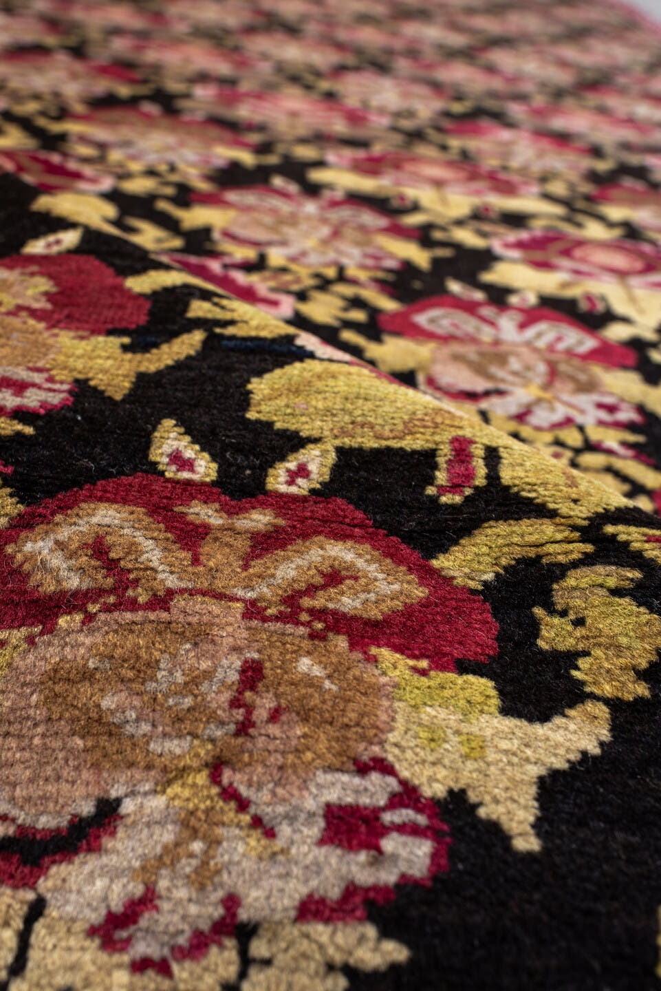 3' x 19' one-of-a-kind handmade antique Karabagh runner rug. Color palette: burgundy, ivory, black, olive, rose, gold, taupe
