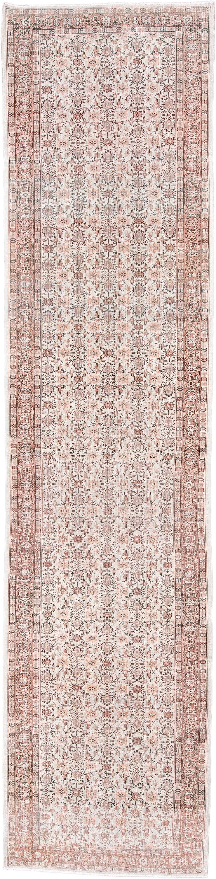 3' x 15' one-of-a-kind handmade antique Sparta runner rug. Color palette: ivory, blush, rose, taupe, sage, camel, pink, red