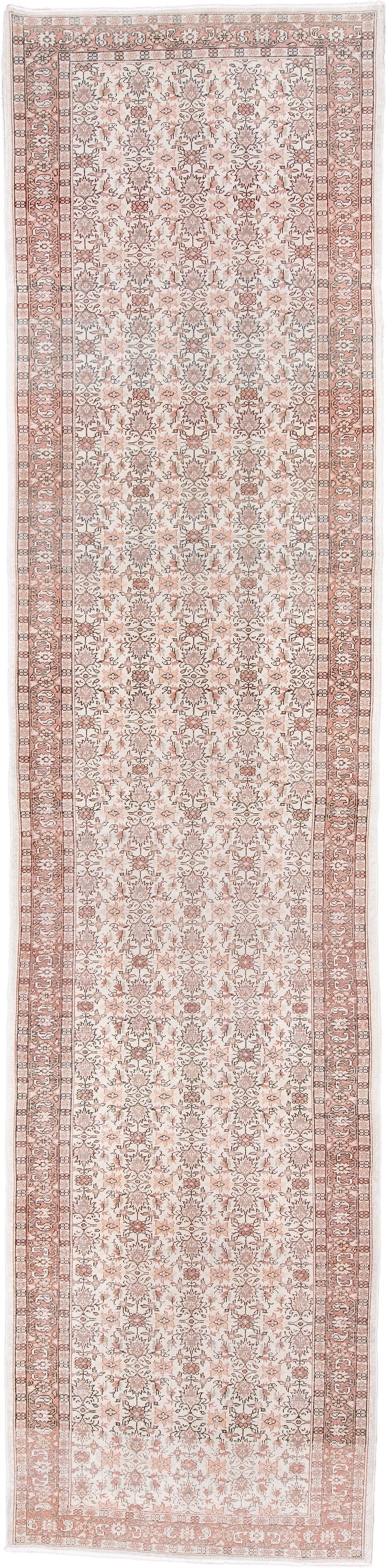 3' x 15' one-of-a-kind handmade antique Sparta runner rug. Color palette: ivory, blush, rose, taupe, sage, camel, pink, red