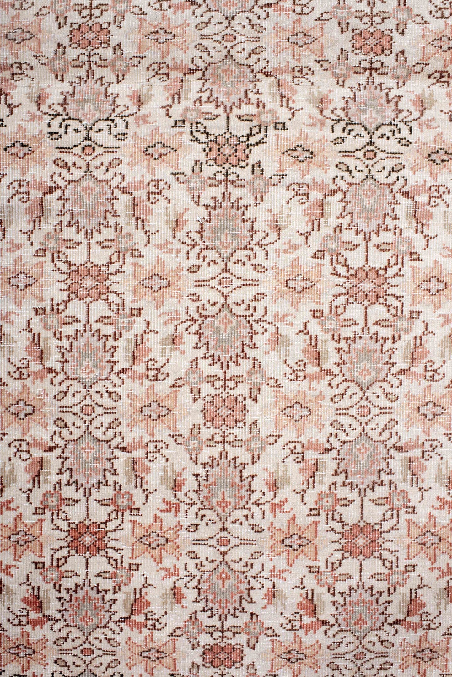 3' x 15' one-of-a-kind handmade antique Sparta runner rug. Color palette: ivory, blush, rose, taupe, sage, camel, pink, red