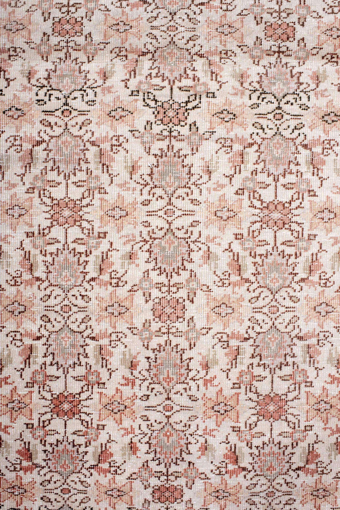 3' x 15' one-of-a-kind handmade antique Sparta runner rug. Color palette: ivory, blush, rose, taupe, sage, camel, pink, red