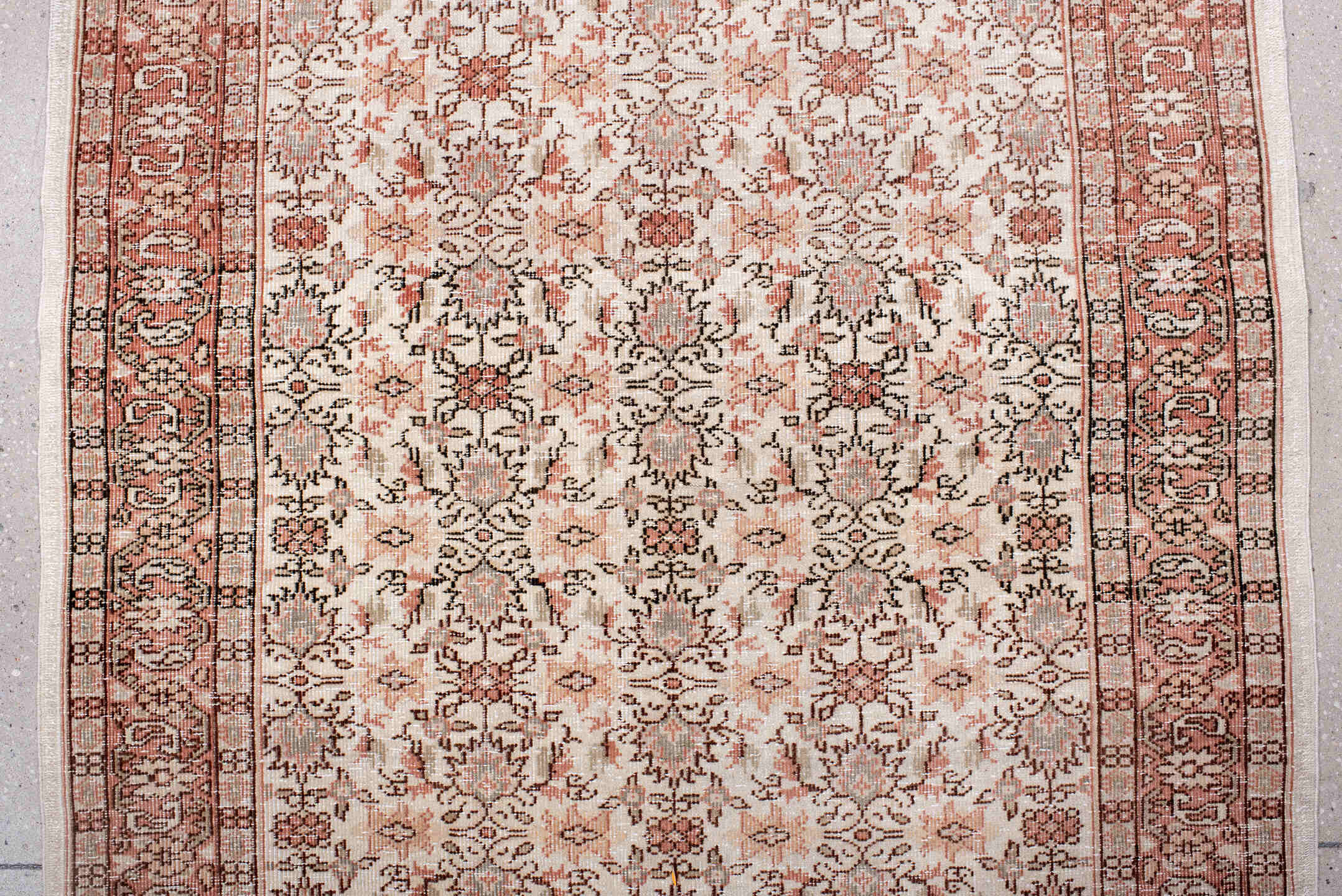 3' x 15' one-of-a-kind handmade antique Sparta runner rug. Color palette: ivory, blush, rose, taupe, sage, camel, pink, red
