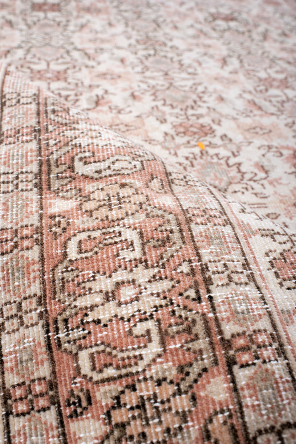 3' x 15' one-of-a-kind handmade antique Sparta runner rug. Color palette: ivory, blush, rose, taupe, sage, camel, pink, red