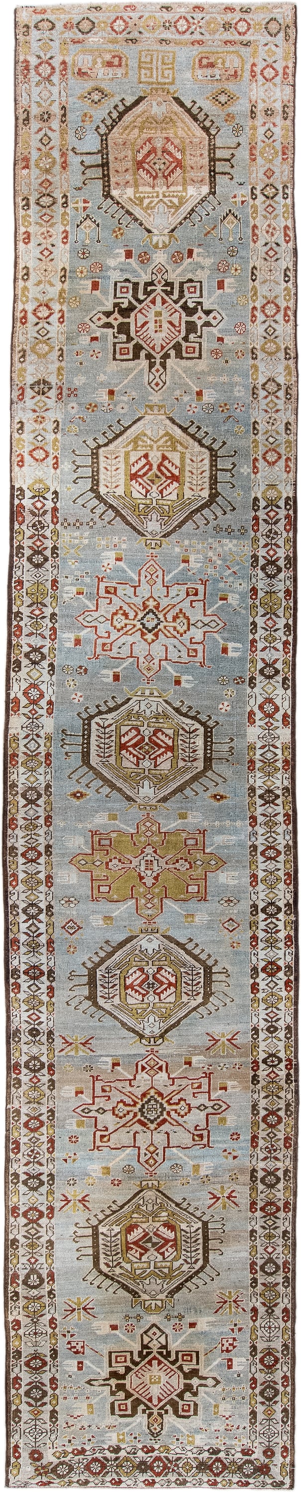 3' x 17' one-of-a-kind handmade antique Heriz runner rug. Color palette: light blue, ivory, rust, brown, camel, gold, taupe