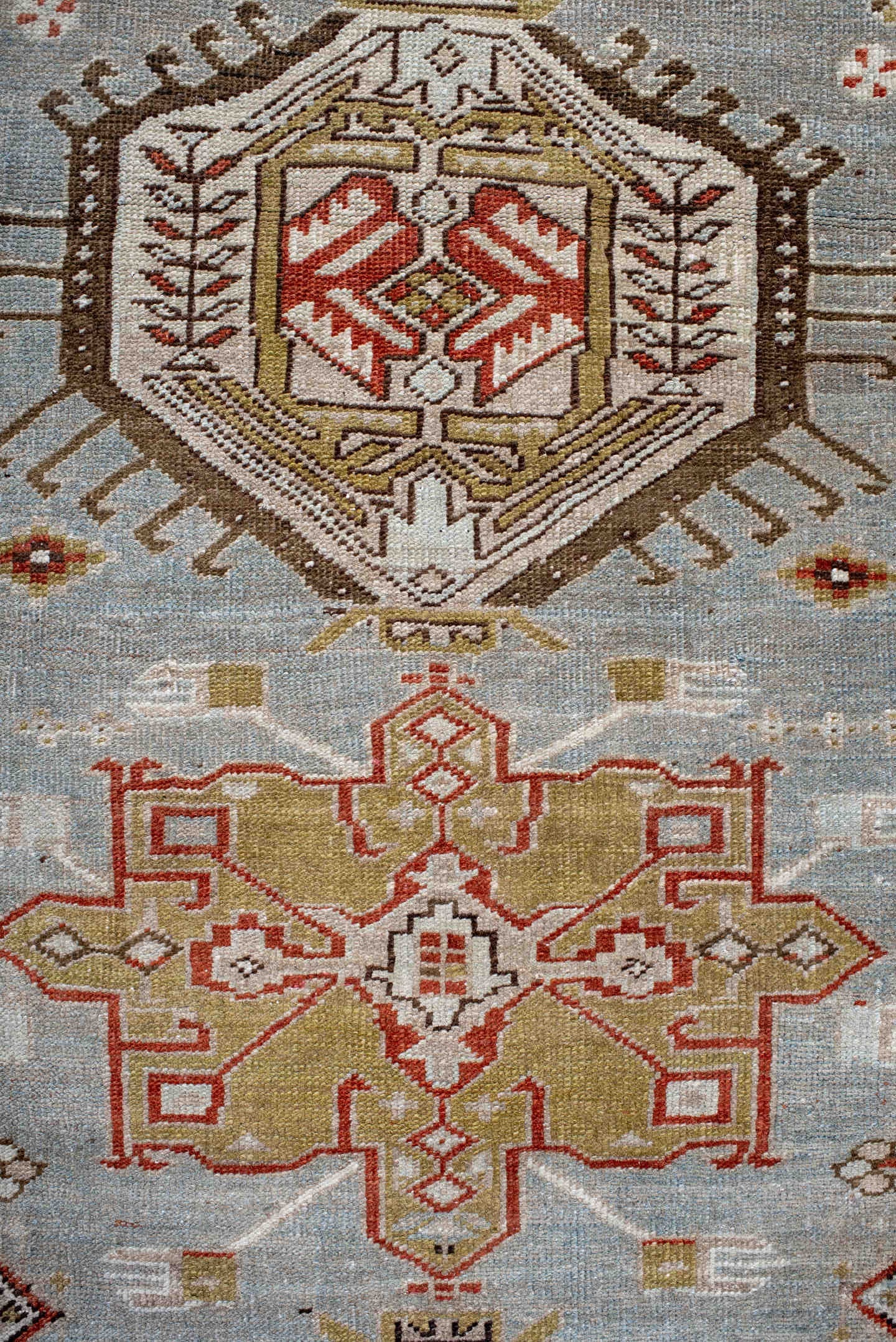 3' x 17' one-of-a-kind handmade antique Heriz runner rug. Color palette: light blue, ivory, rust, brown, camel, gold, taupe