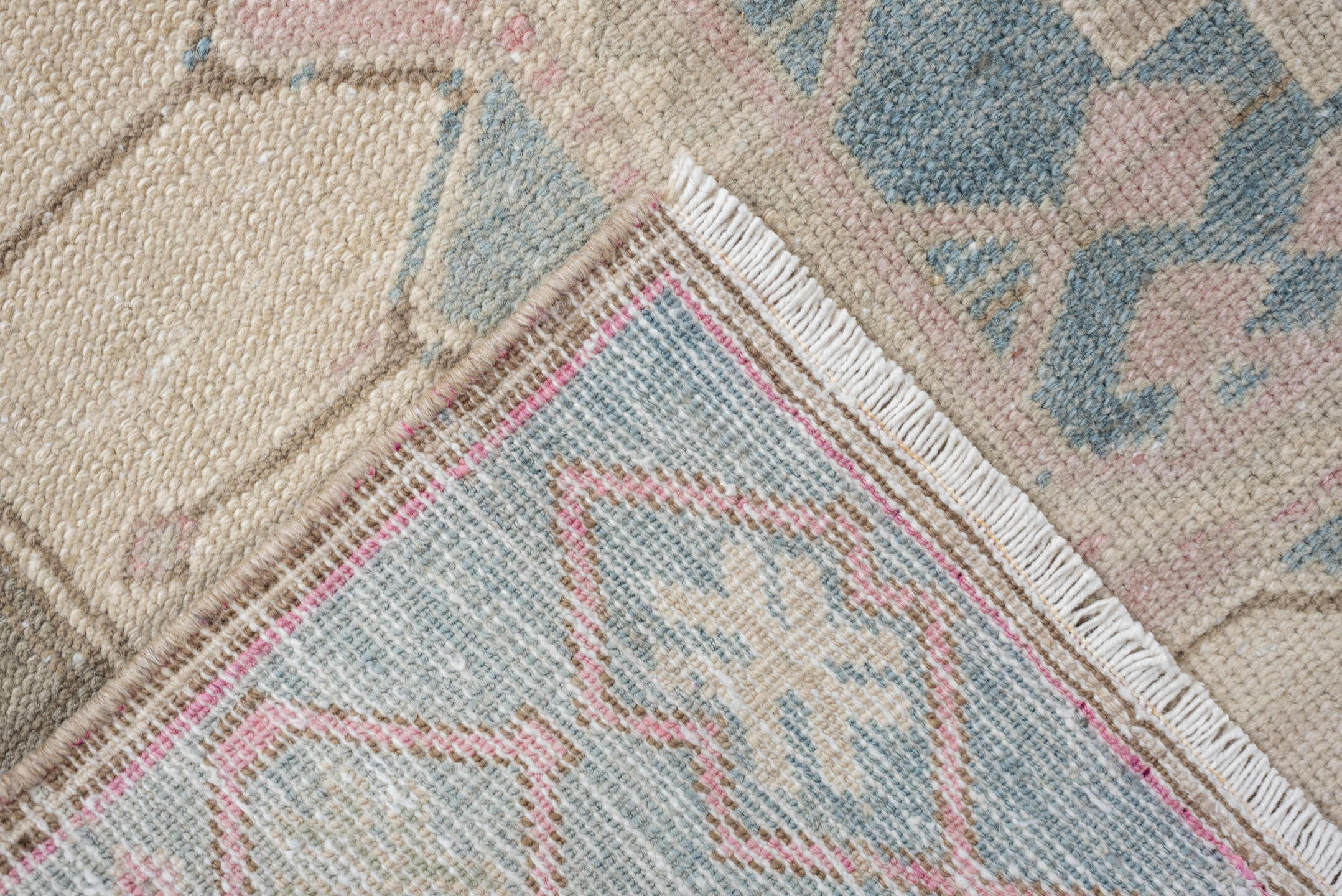 3' x 10' one-of-a-kind handmade antique Saraband runner rug. Color palette: ivory, sky blue, blush, taupe, sage, rose