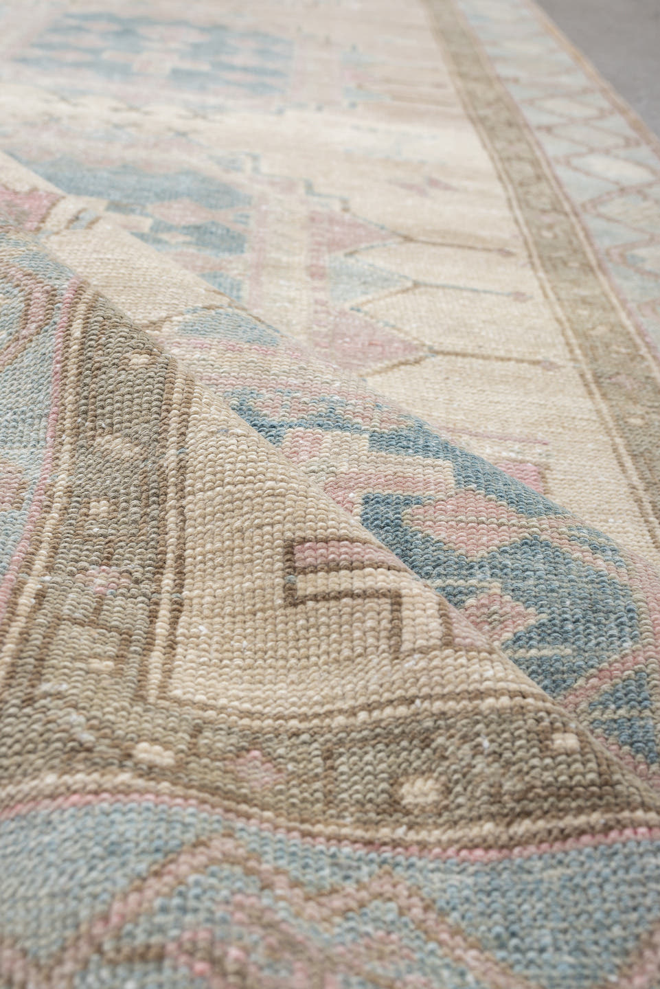 3' x 10' one-of-a-kind handmade antique Saraband runner rug. Color palette: ivory, sky blue, blush, taupe, sage, rose
