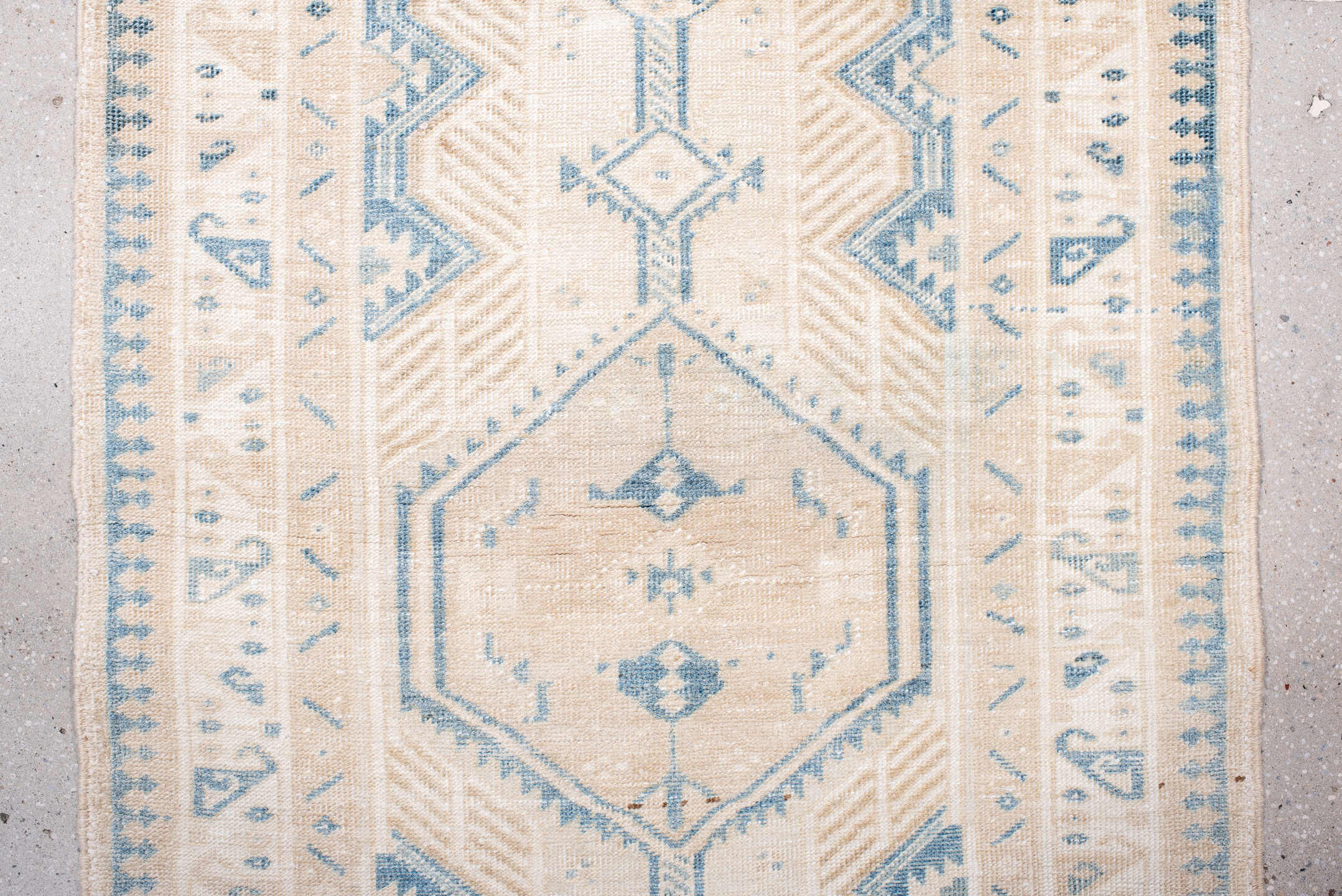 3' x 11' one-of-a-kind handmade antique Sarab runner rug. Color palette: ivory, sky blue, camel, beige, taupe, light blue