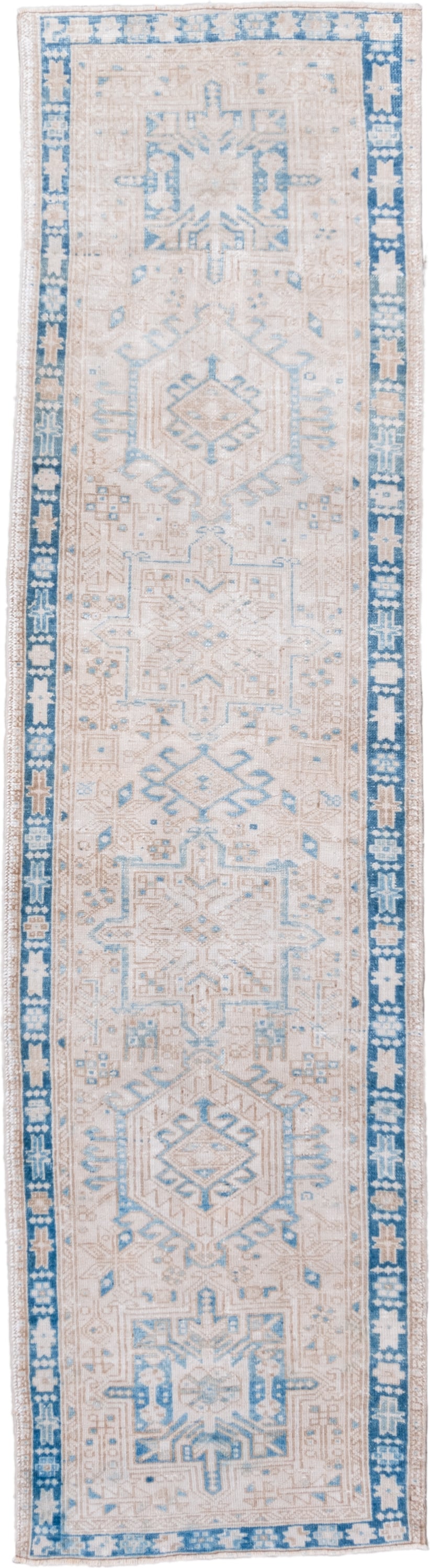 2' x 10' one-of-a-kind handmade vintage Karaje runner rug. Color palette: ivory, sky_blue, beige, taupe, camel, light blue