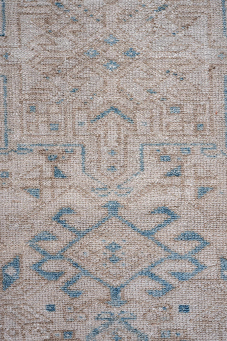 2' x 10' one-of-a-kind handmade vintage Karaje runner rug. Color palette: ivory, sky_blue, beige, taupe, camel, light blue
