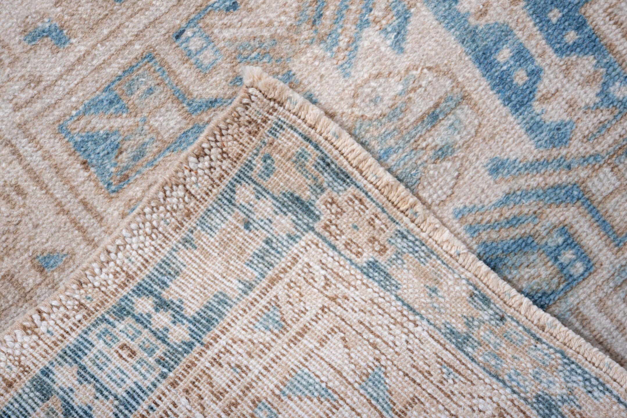 2' x 10' one-of-a-kind handmade vintage Karaje runner rug. Color palette: ivory, sky_blue, beige, taupe, camel, light blue