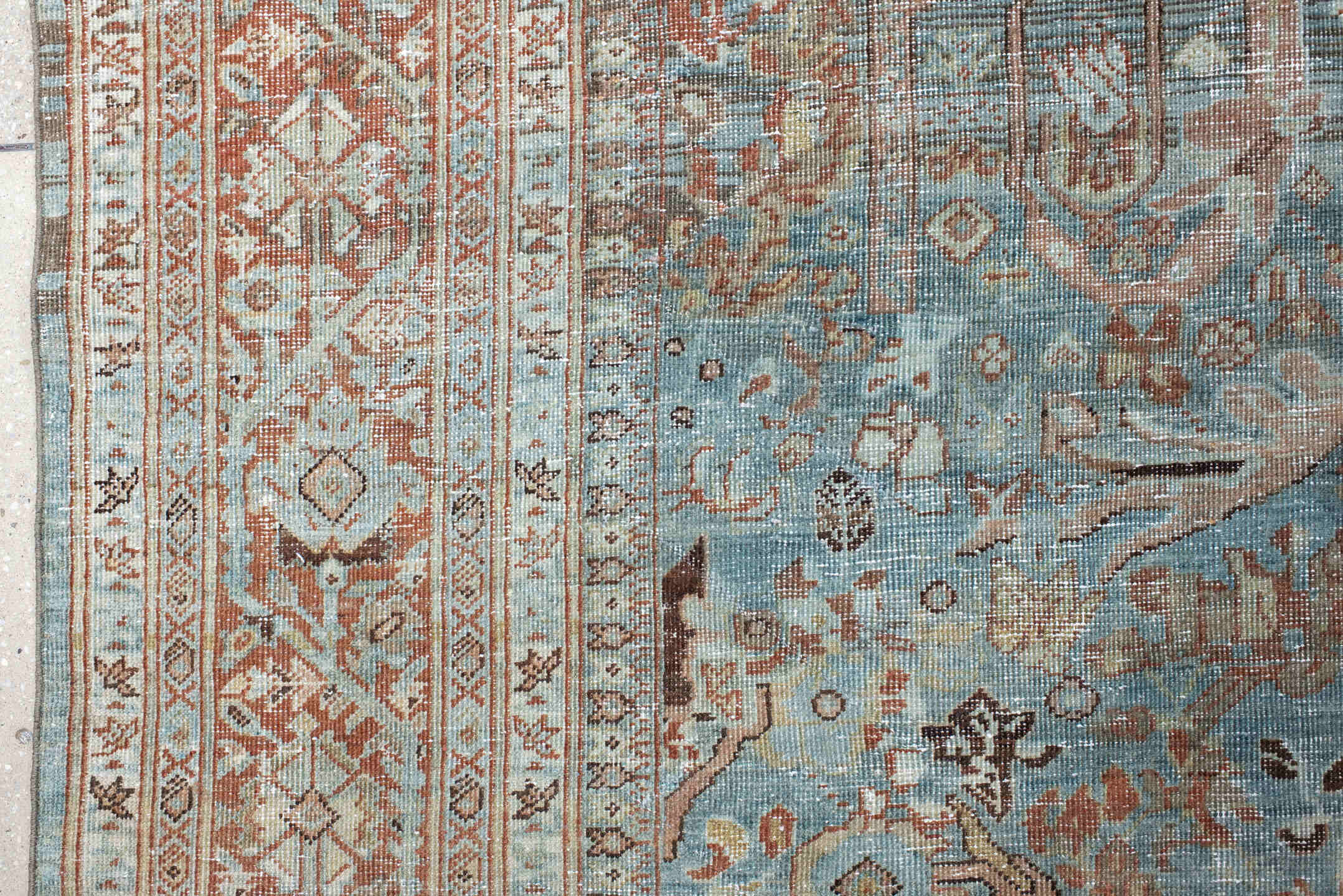 10' x 15' one-of-a-kind handmade vintage Sultanabad rug. Color palette: aqua, gray, ivory, rust, taupe, charcoal, beige