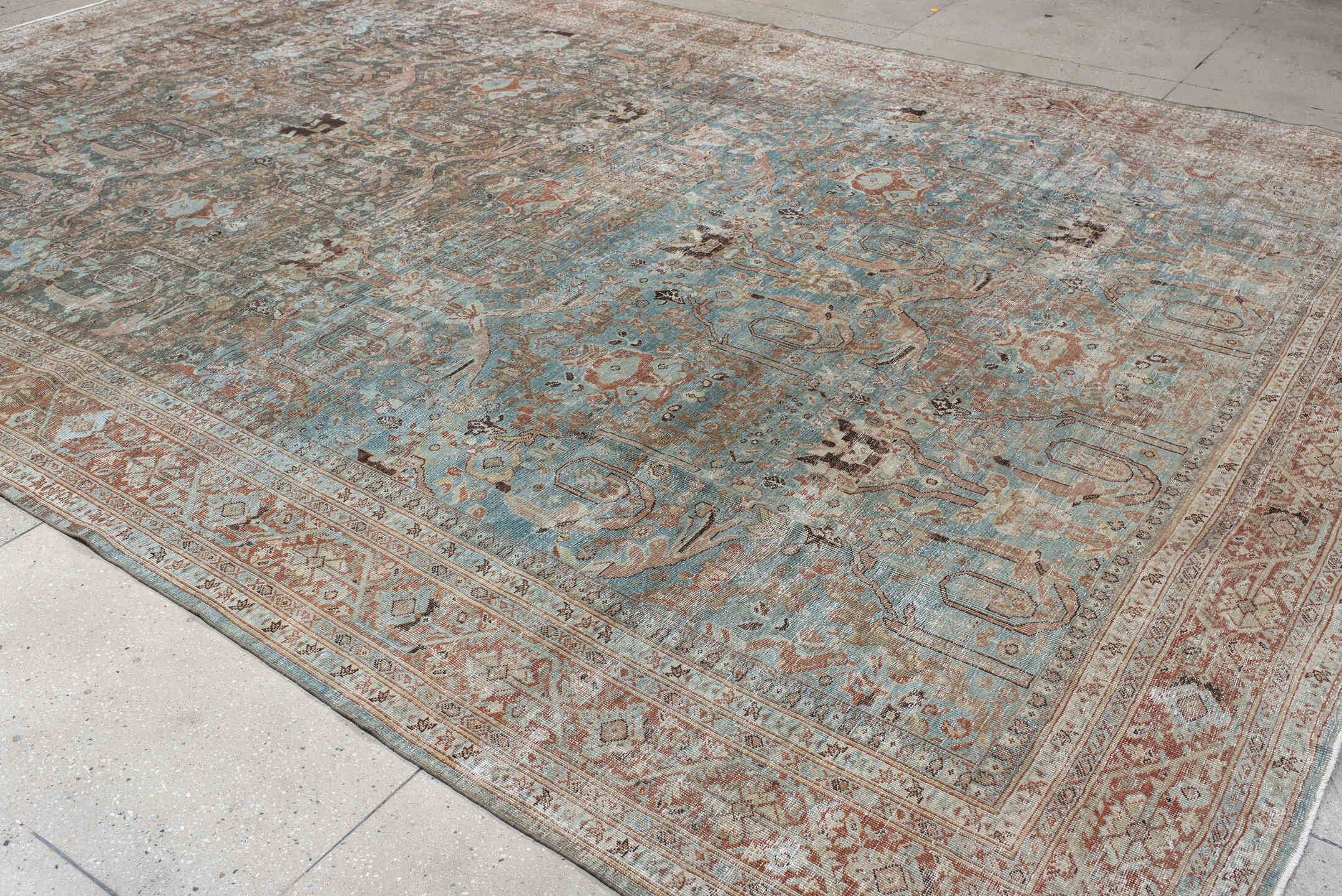 10' x 15' one-of-a-kind handmade vintage Sultanabad rug. Color palette: aqua, gray, ivory, rust, taupe, charcoal, beige