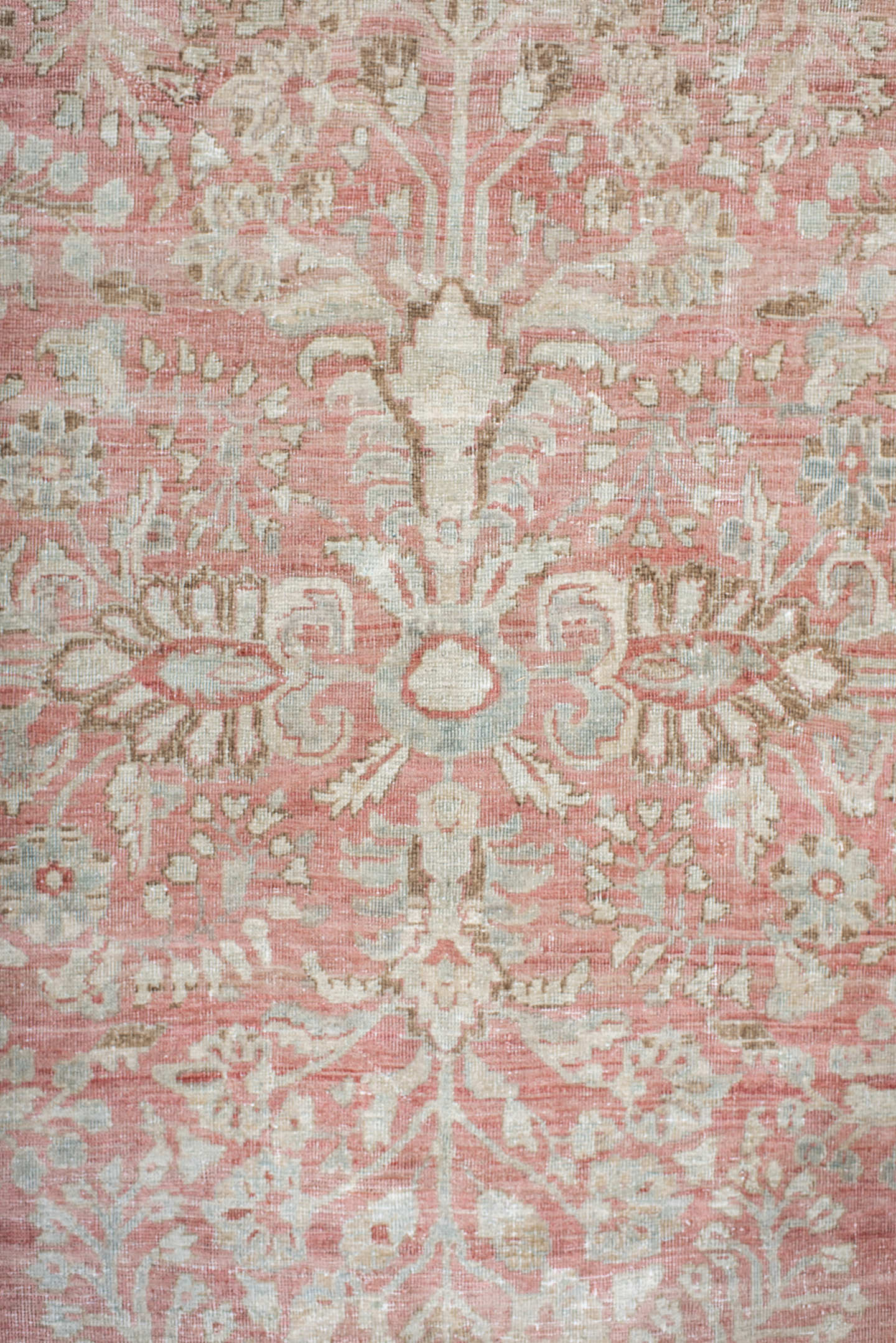 8' x 11' one-of-a-kind handmade antique Sarouk large size rug. Color palette: ivory, rose, blush, taupe, pale sage