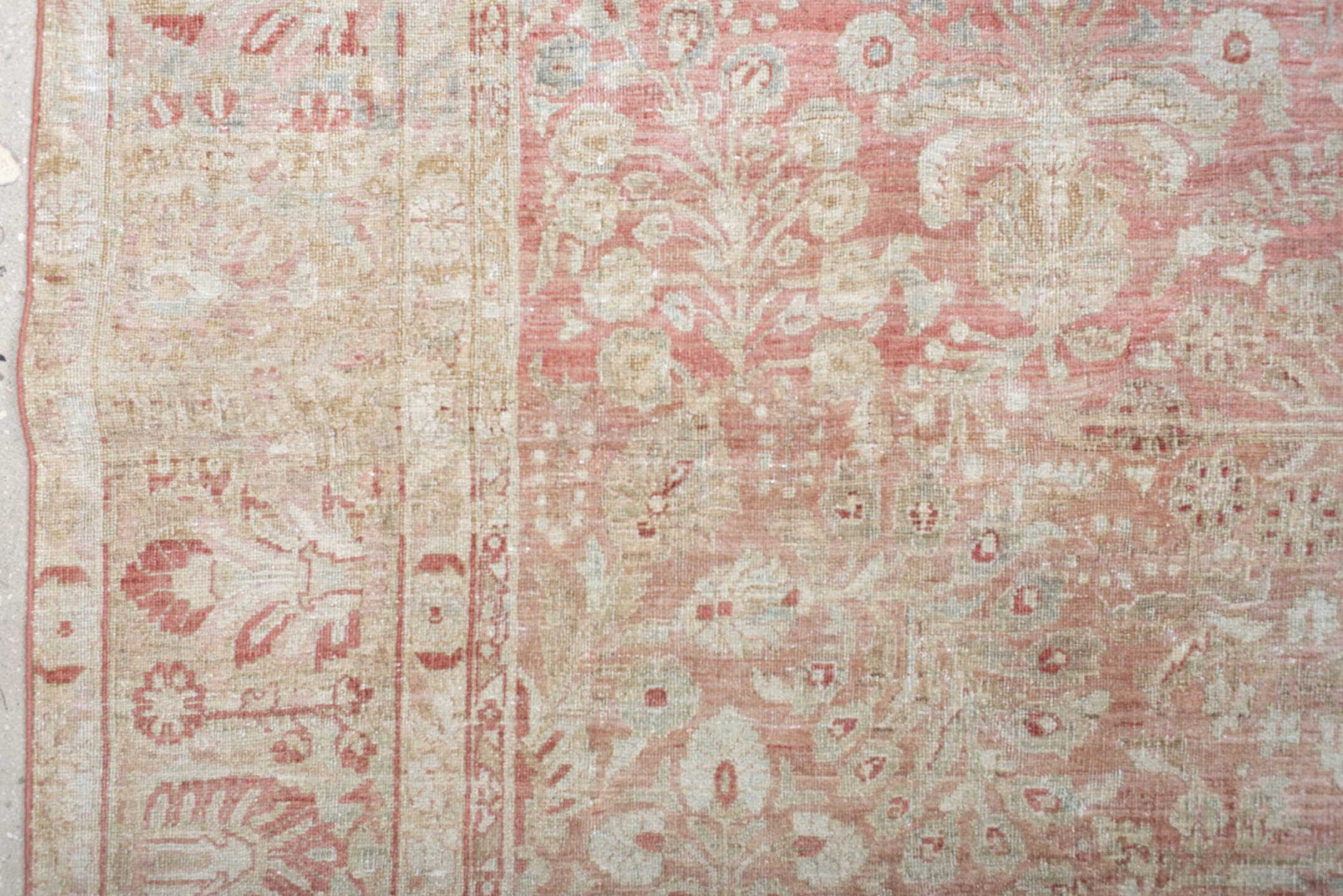 8' x 11' one-of-a-kind handmade antique Sarouk large size rug. Color palette: ivory, rose, blush, taupe, pale sage