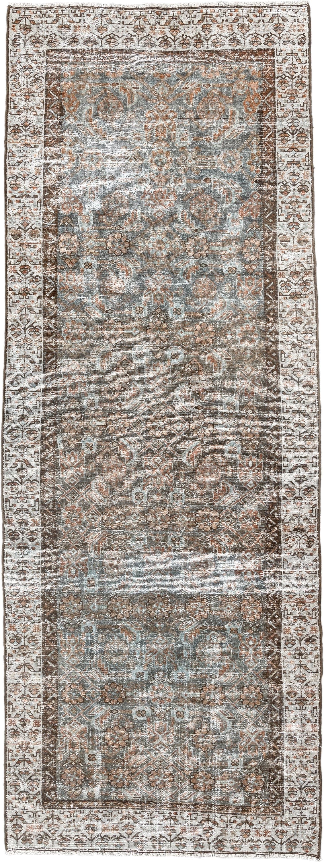 3' x 7' one-of-a-kind handmade vintage Malayer runner rug. Color palette: taupe, ivory, pale blue, rust, brown, beige, gray