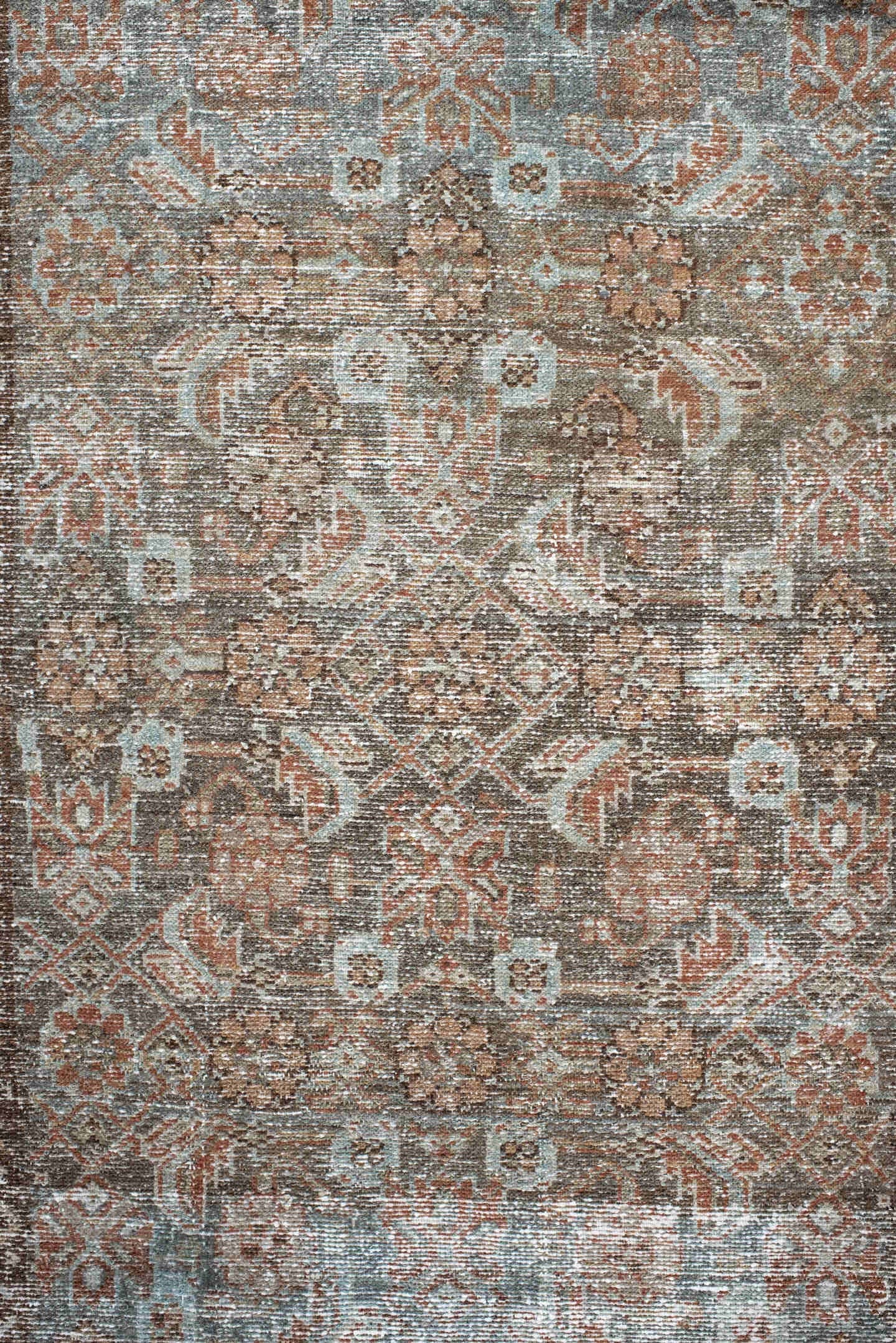 3' x 7' one-of-a-kind handmade vintage Malayer runner rug. Color palette: taupe, ivory, pale blue, rust, brown, beige, gray