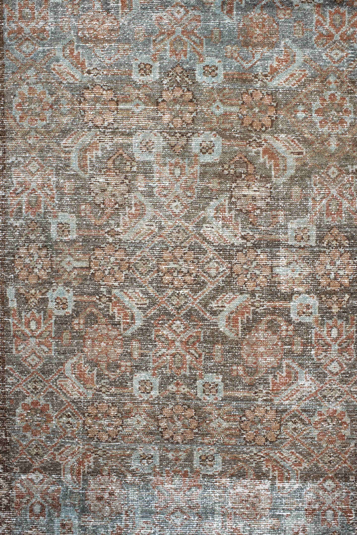 3' x 7' one-of-a-kind handmade vintage Malayer runner rug. Color palette: taupe, ivory, pale blue, rust, brown, beige, gray