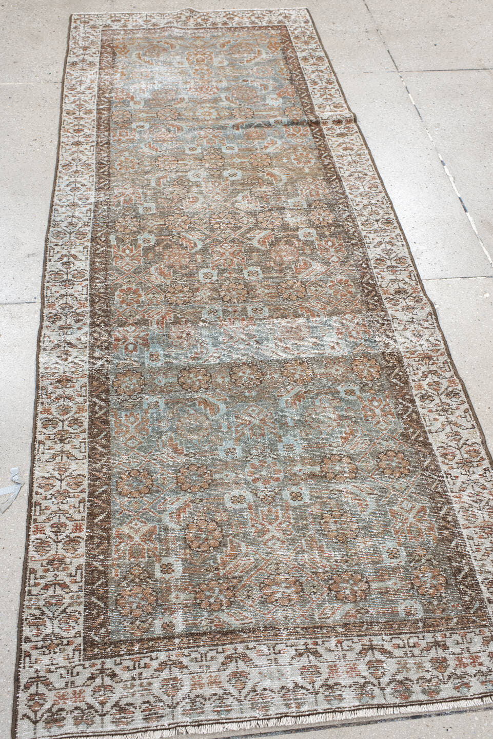 3' x 7' one-of-a-kind handmade vintage Malayer runner rug. Color palette: taupe, ivory, pale blue, rust, brown, beige, gray