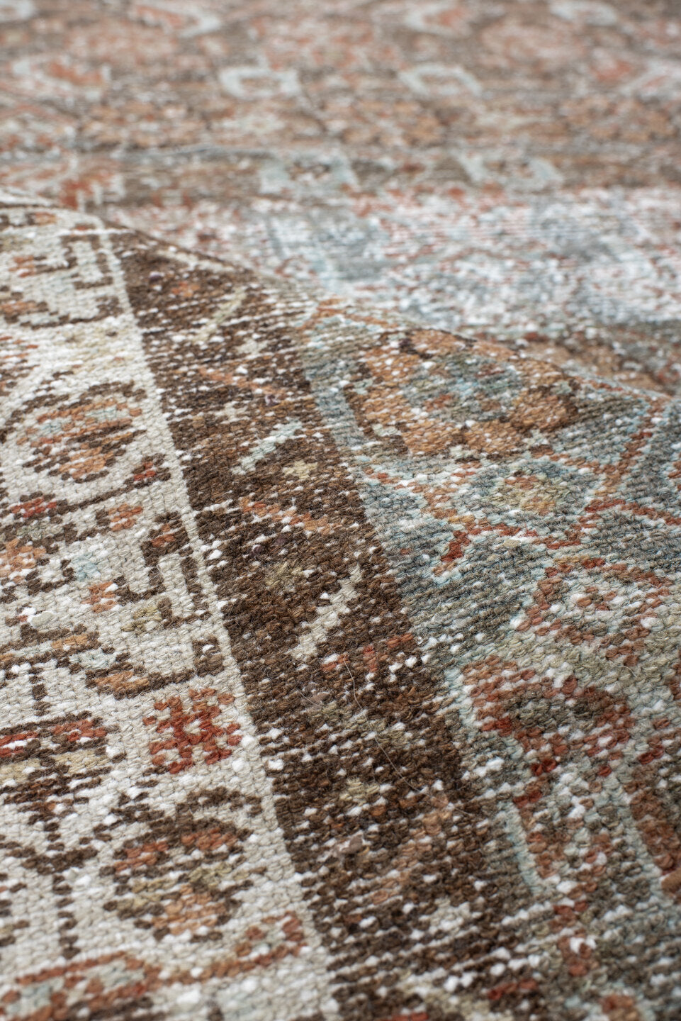 3' x 7' one-of-a-kind handmade vintage Malayer runner rug. Color palette: taupe, ivory, pale blue, rust, brown, beige, gray