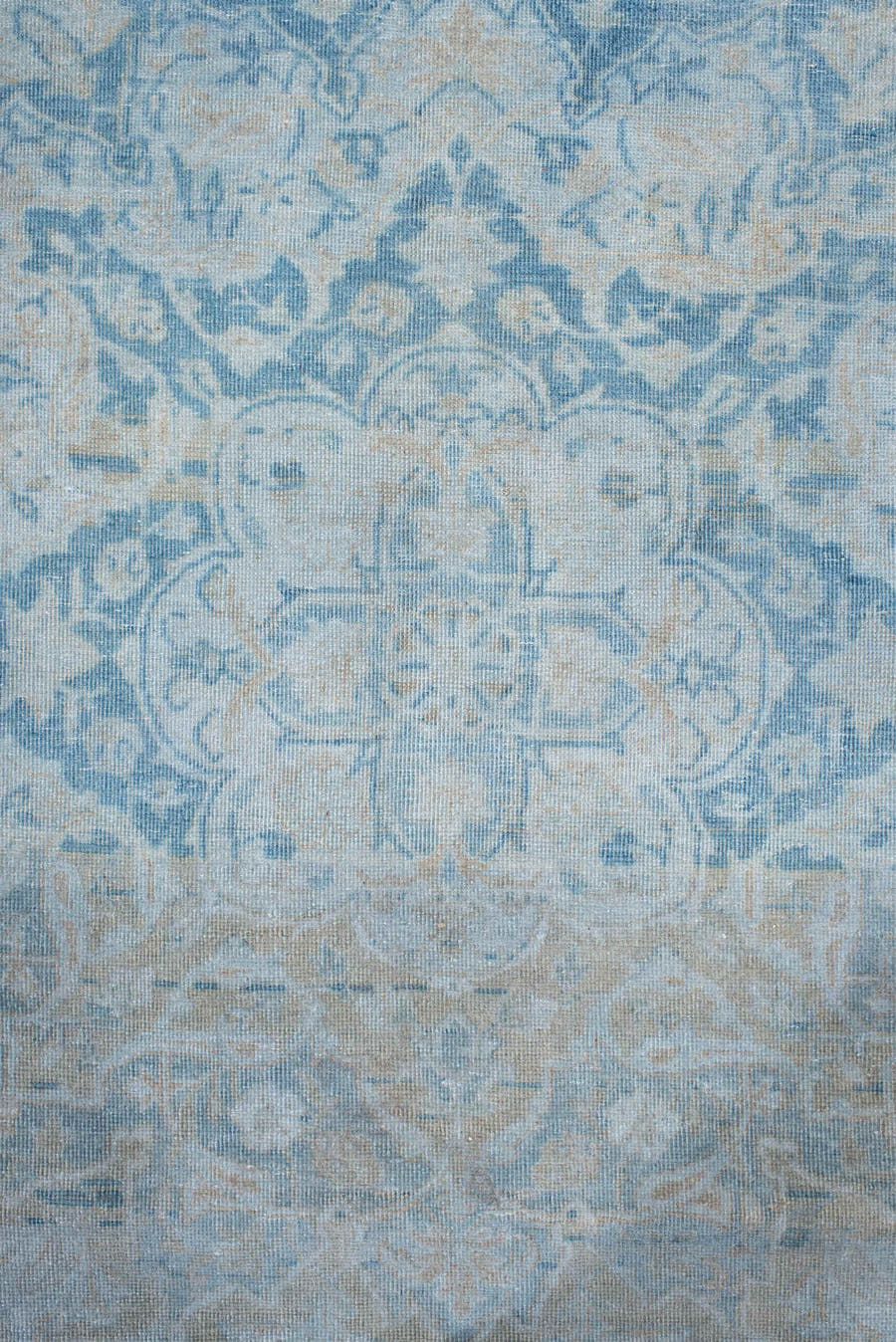9' x 13' one-of-a-kind handmade vintage Sivas large size rug. Color palette: powder blue, ivory, pale taupe, soft gray