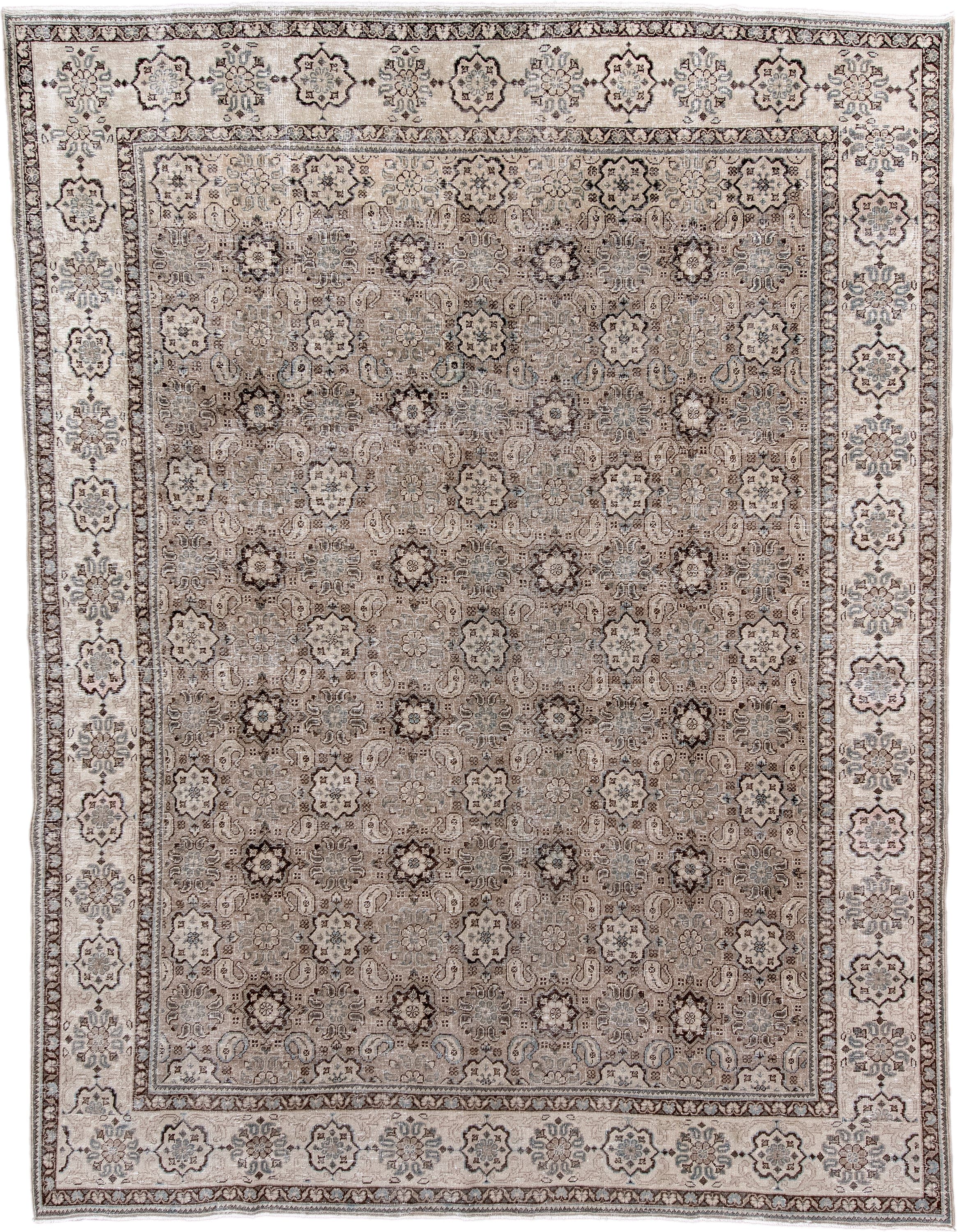 9' x 12' one-of-a-kind handmade antique Tabriz large size rug. Color palette: ivory, taupe, brown, slate, camel, charcoal