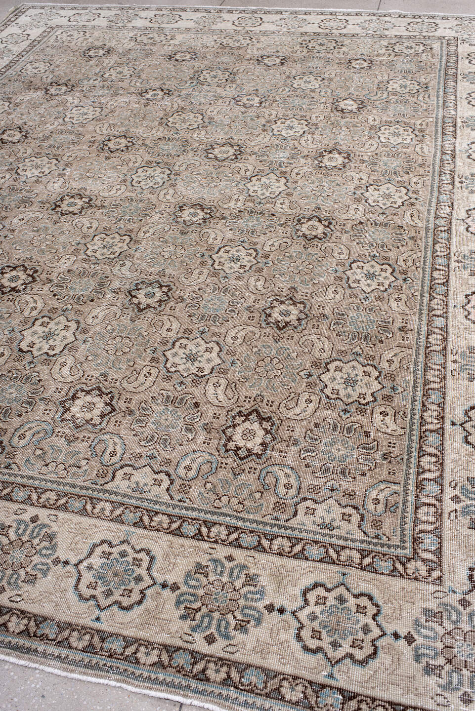 9' x 12' one-of-a-kind handmade antique Tabriz large size rug. Color palette: ivory, taupe, brown, slate, camel, charcoal