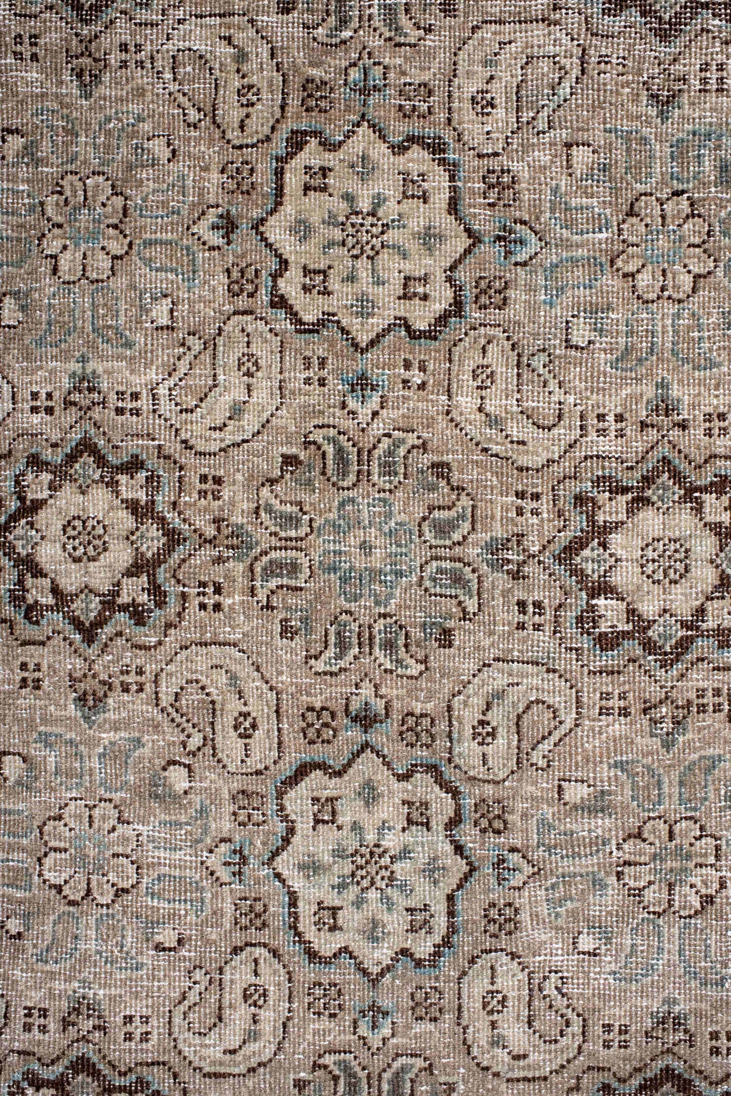 9' x 12' one-of-a-kind handmade antique Tabriz large size rug. Color palette: ivory, taupe, brown, slate, camel, charcoal